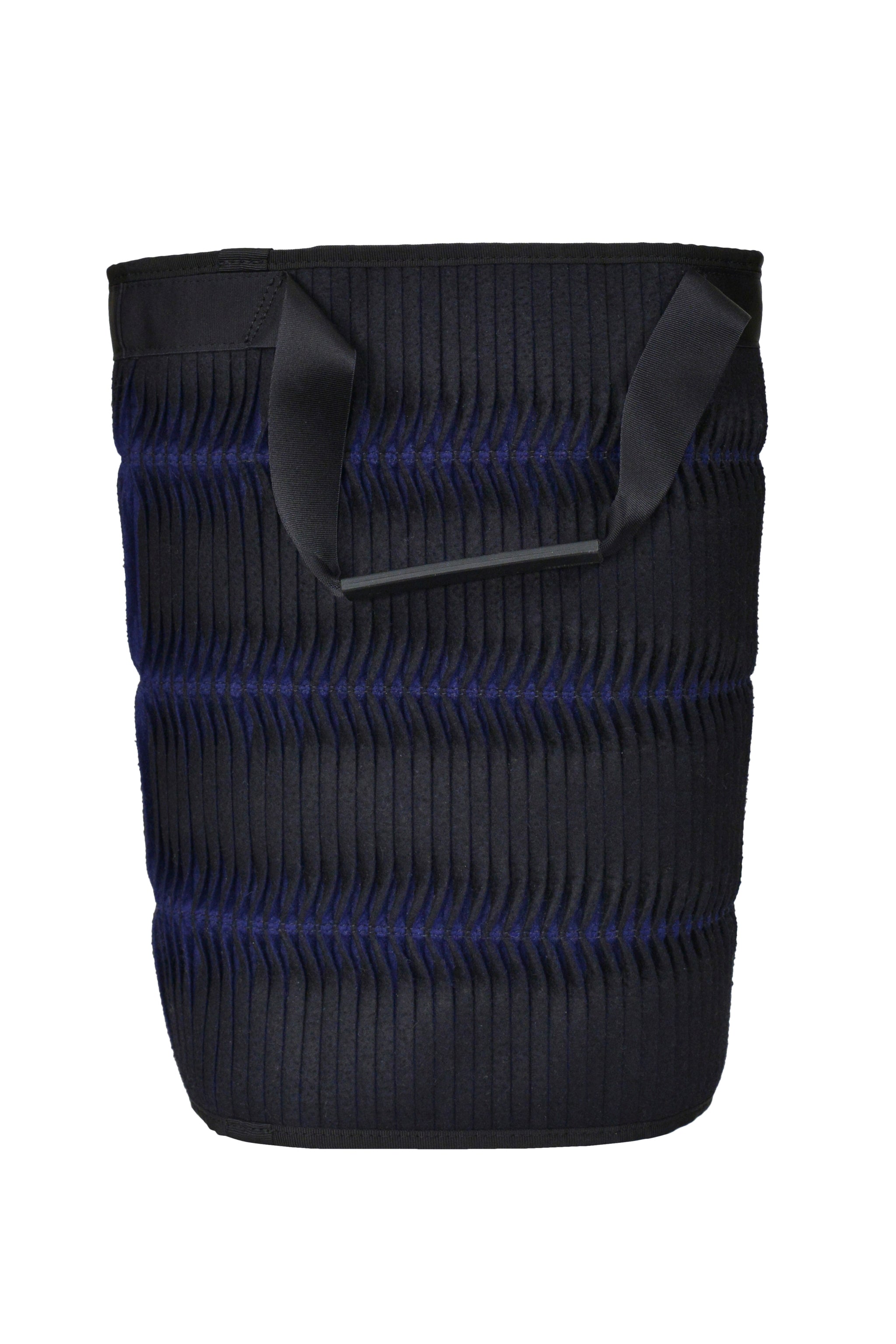 ISSEY MIYAKE BLACK VERTICAL PLEATED CYLINDER BAG WITH "STOP TELEVISION" PRINT 2001