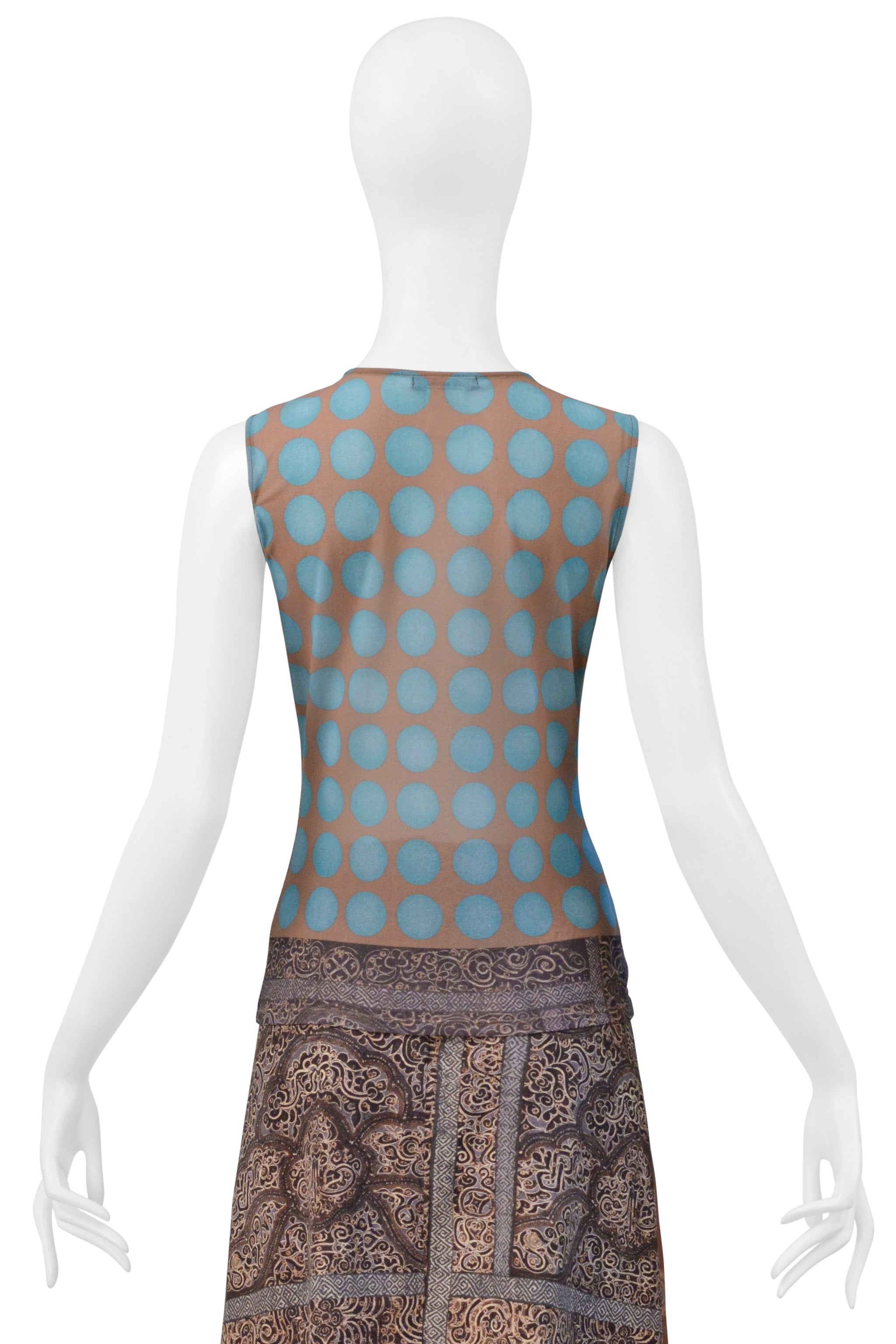 ISSEY MIYAKE BLUE AND TAN SKIRT ENSEMBLE WITH KASHMIR PAISLEY AND POLKA DOTS 2001