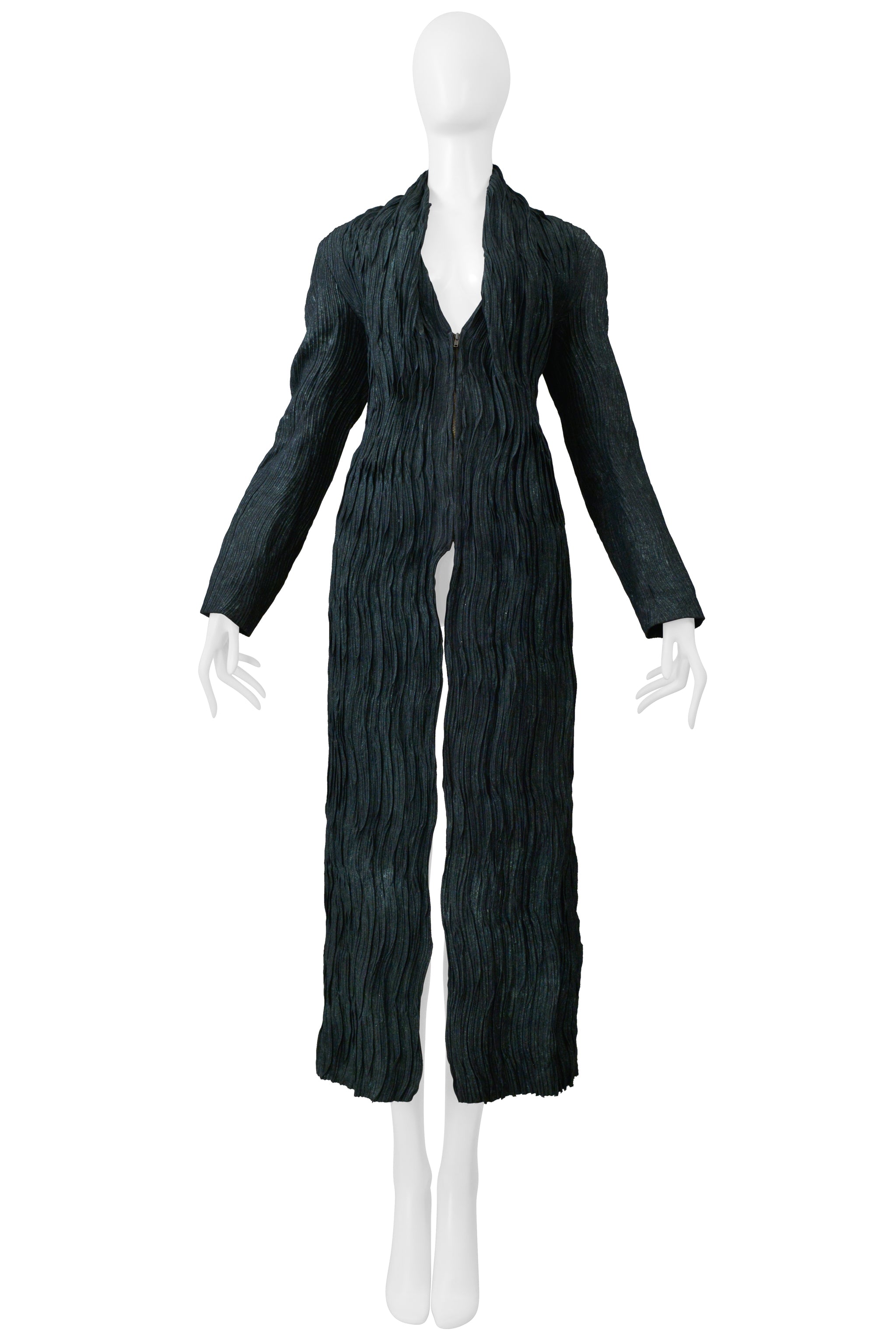 ISSEY MIYAKE SERPENT GREEN PLEATED JACKET WITH SIDE ZIPPERS AND LONG FRONT 2002-2003