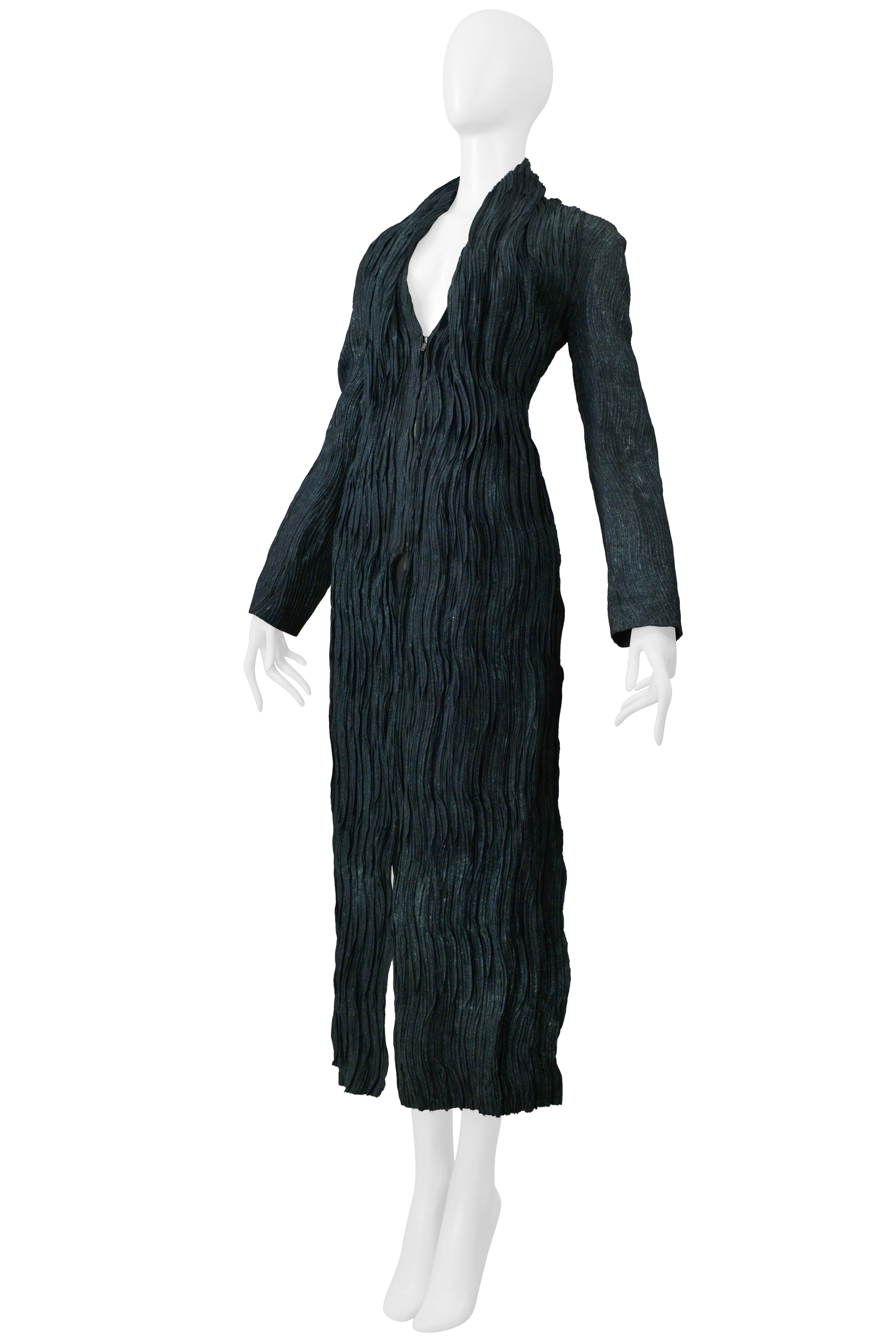 ISSEY MIYAKE SERPENT GREEN PLEATED JACKET WITH SIDE ZIPPERS AND LONG FRONT 2002-2003