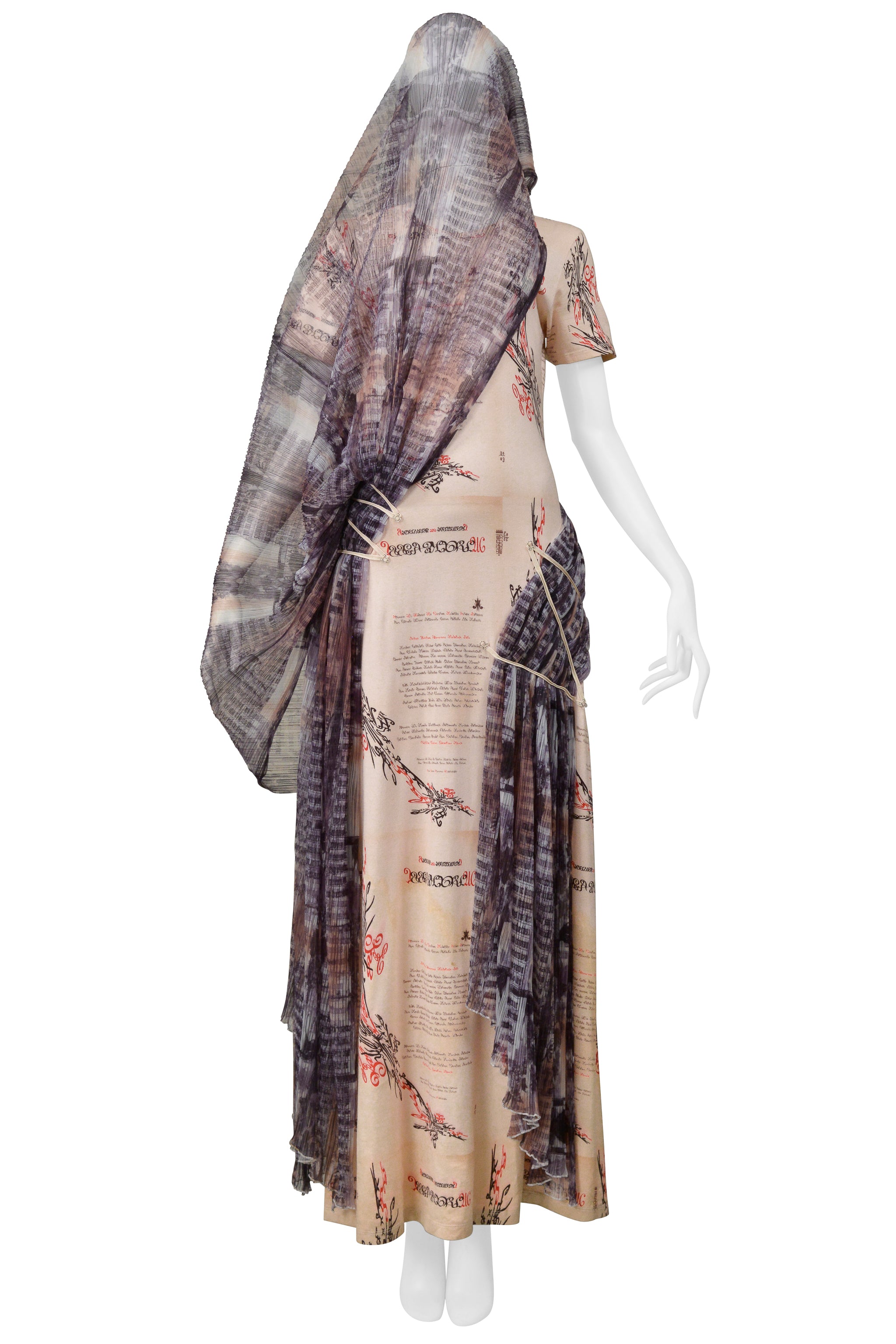 ISSEY MIYAKE ICONIC GODDESS SCRIPT DRESS WITH IKAT VEIL 2003