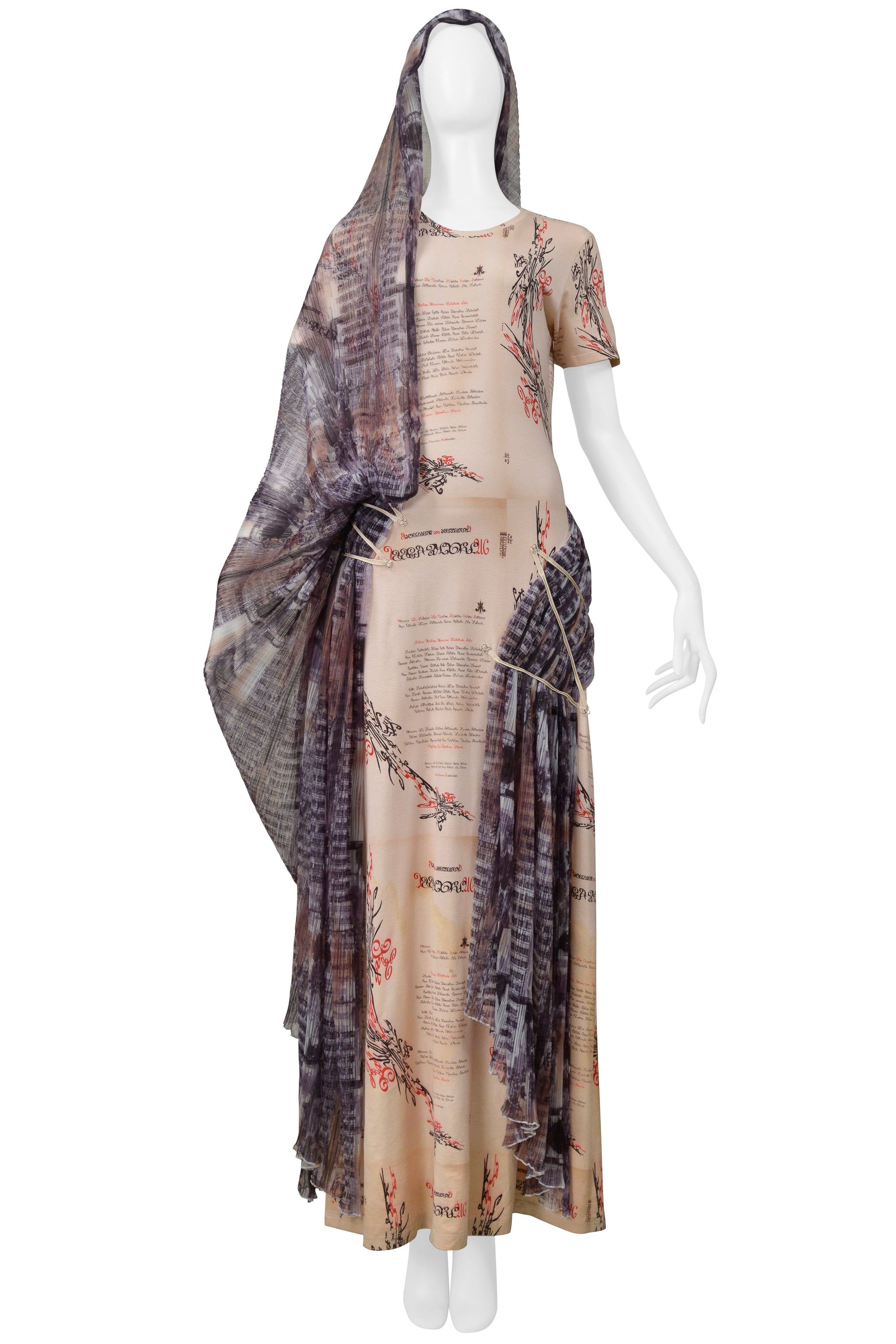 ISSEY MIYAKE ICONIC GODDESS SCRIPT DRESS WITH IKAT VEIL 2003