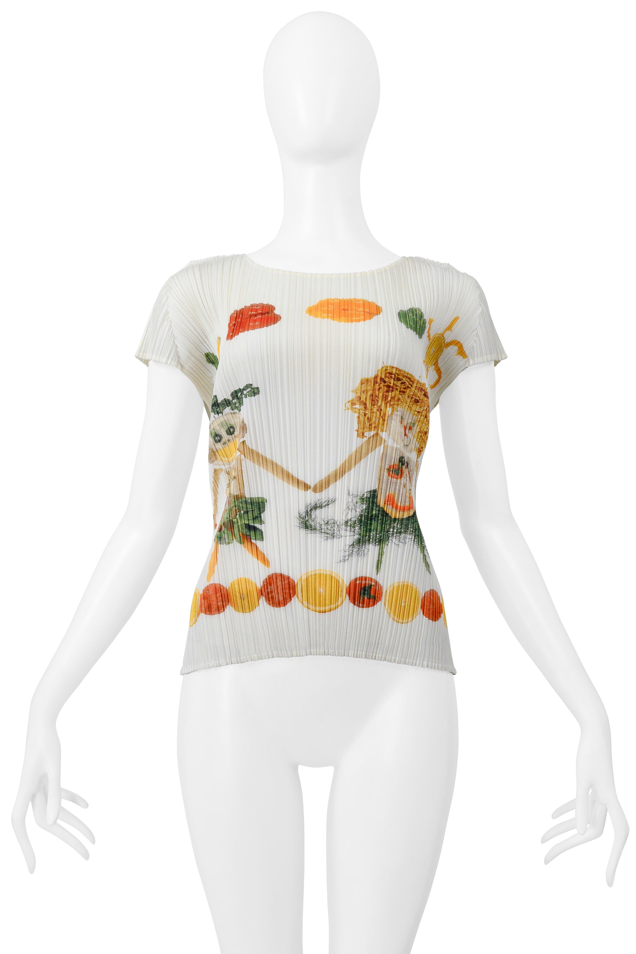 ISSEY MIYAKE WHITE PLEATED GRAPHIC TOP WITH CHARACTERS SS 2004