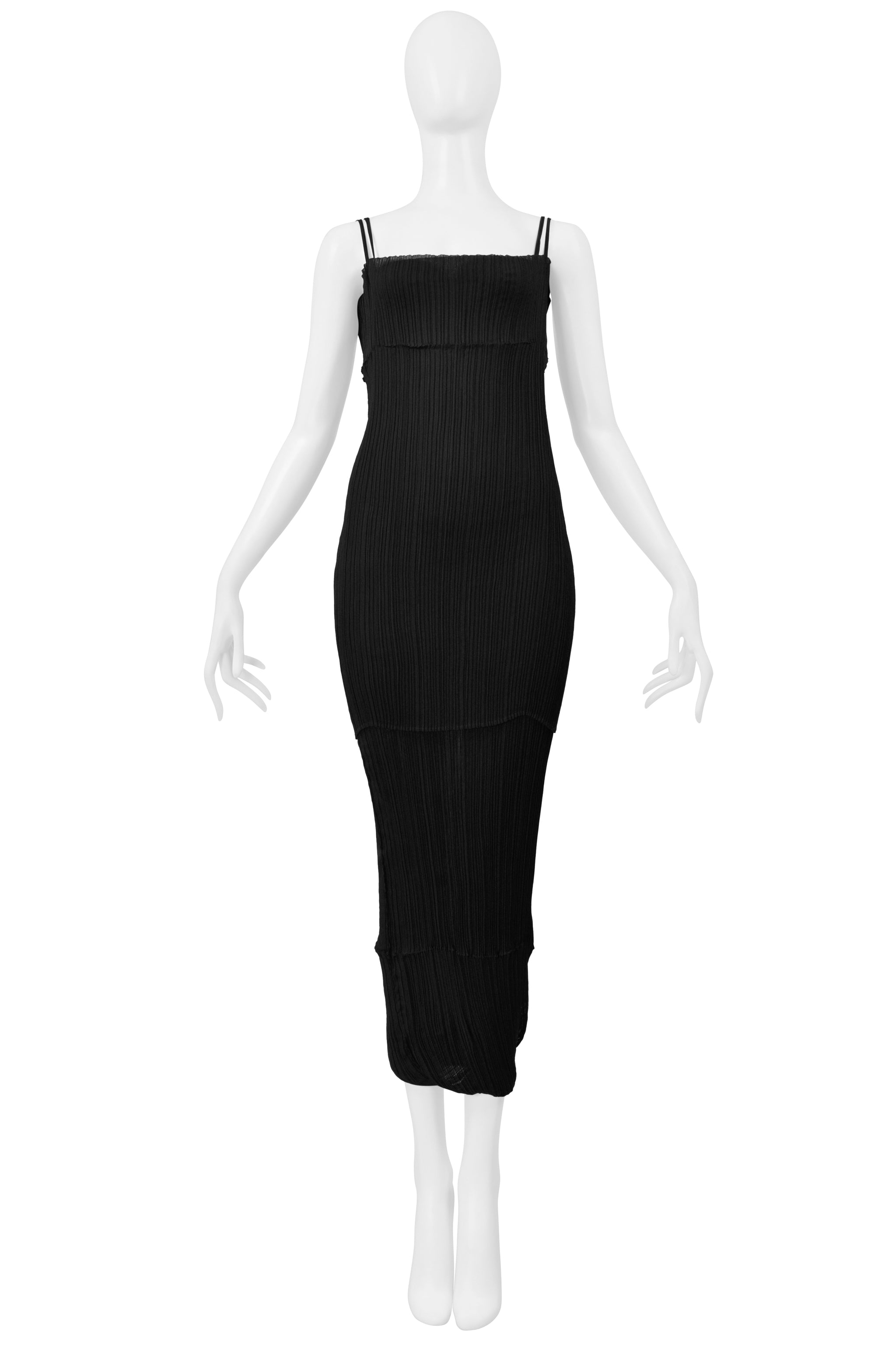 ISSEY MIYAKE BLACK PLEATED DOUBLE LAYER CAMISOLE DRESS GOWN