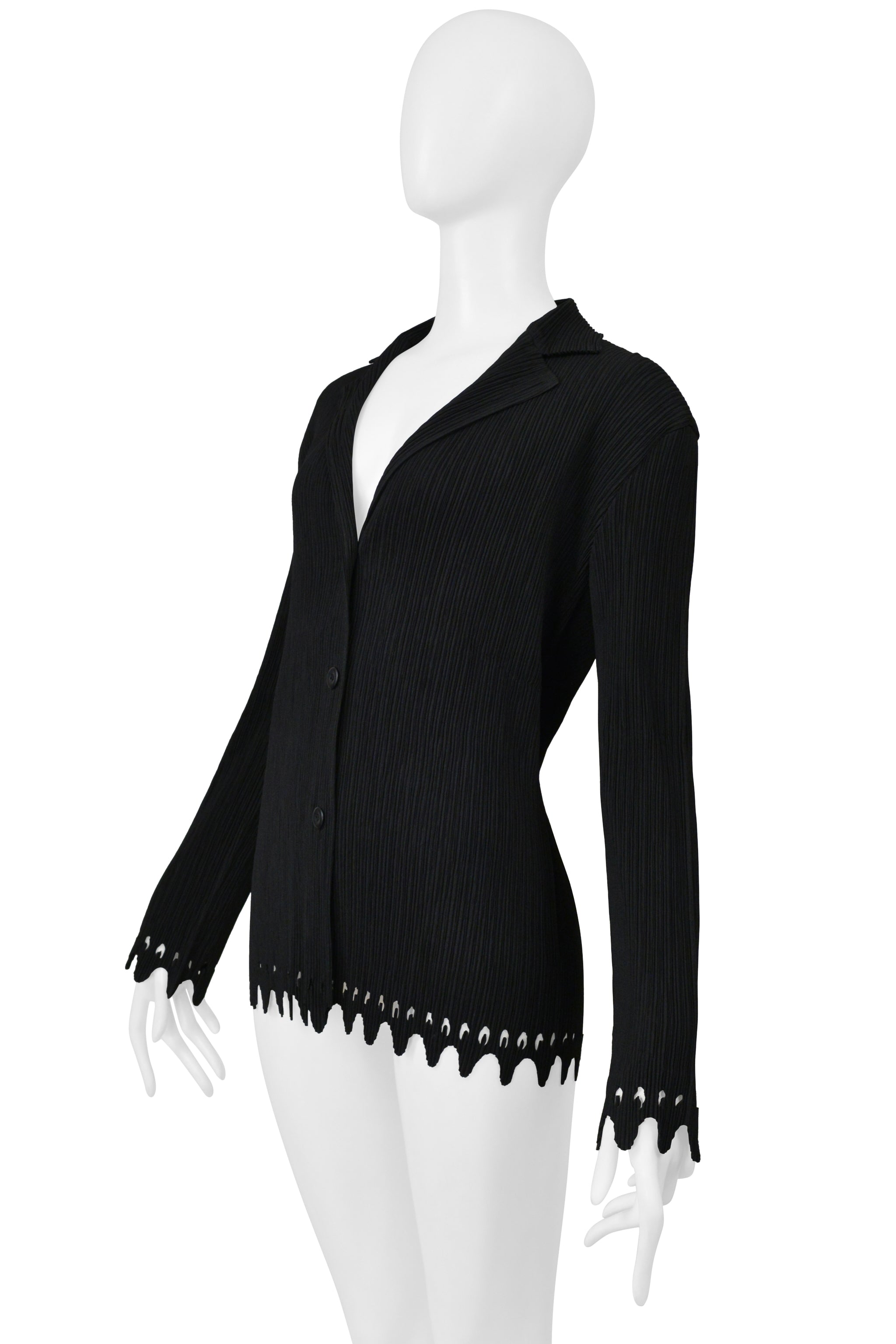 ISSEY MIYAKE BLACK PLEATED THREE BUTTON JACKET WITH LASER CUT HEM & CUFFS