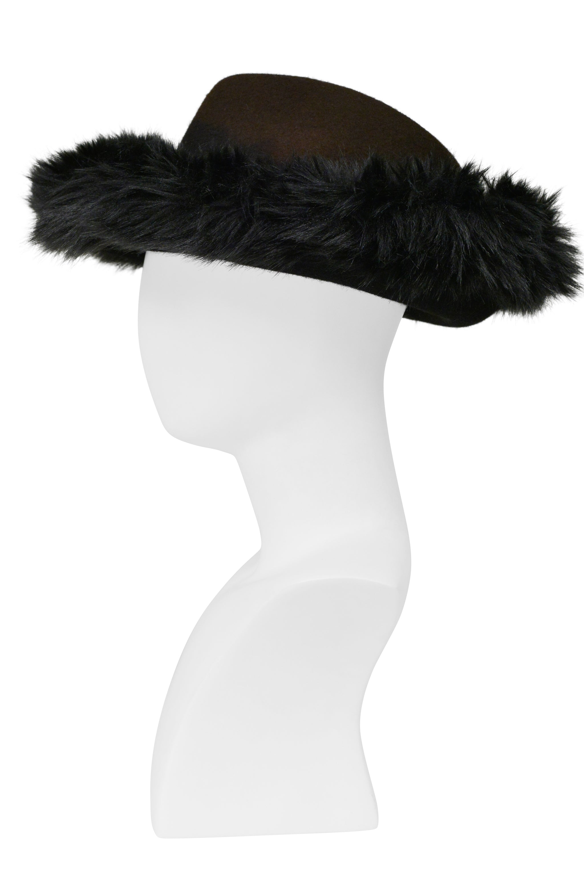 ISSEY MIYAKE BROWN HAT WITH DETACHABLE BLACK FAUX FUR