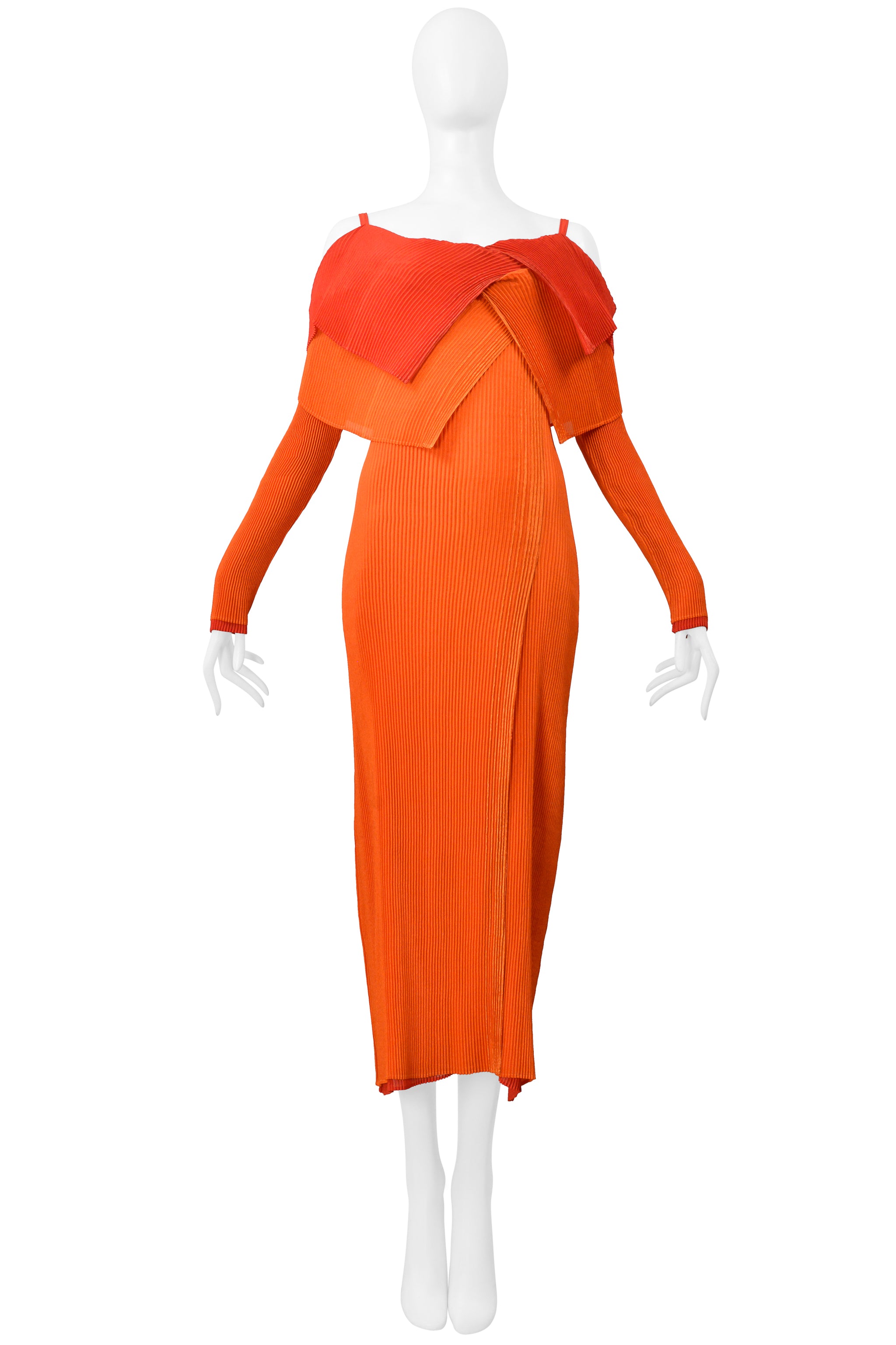 ISSEY MIYAKE RED AND ORANGE DOUBLE LAYERED PLEATED DRESS FW 2000-2001
