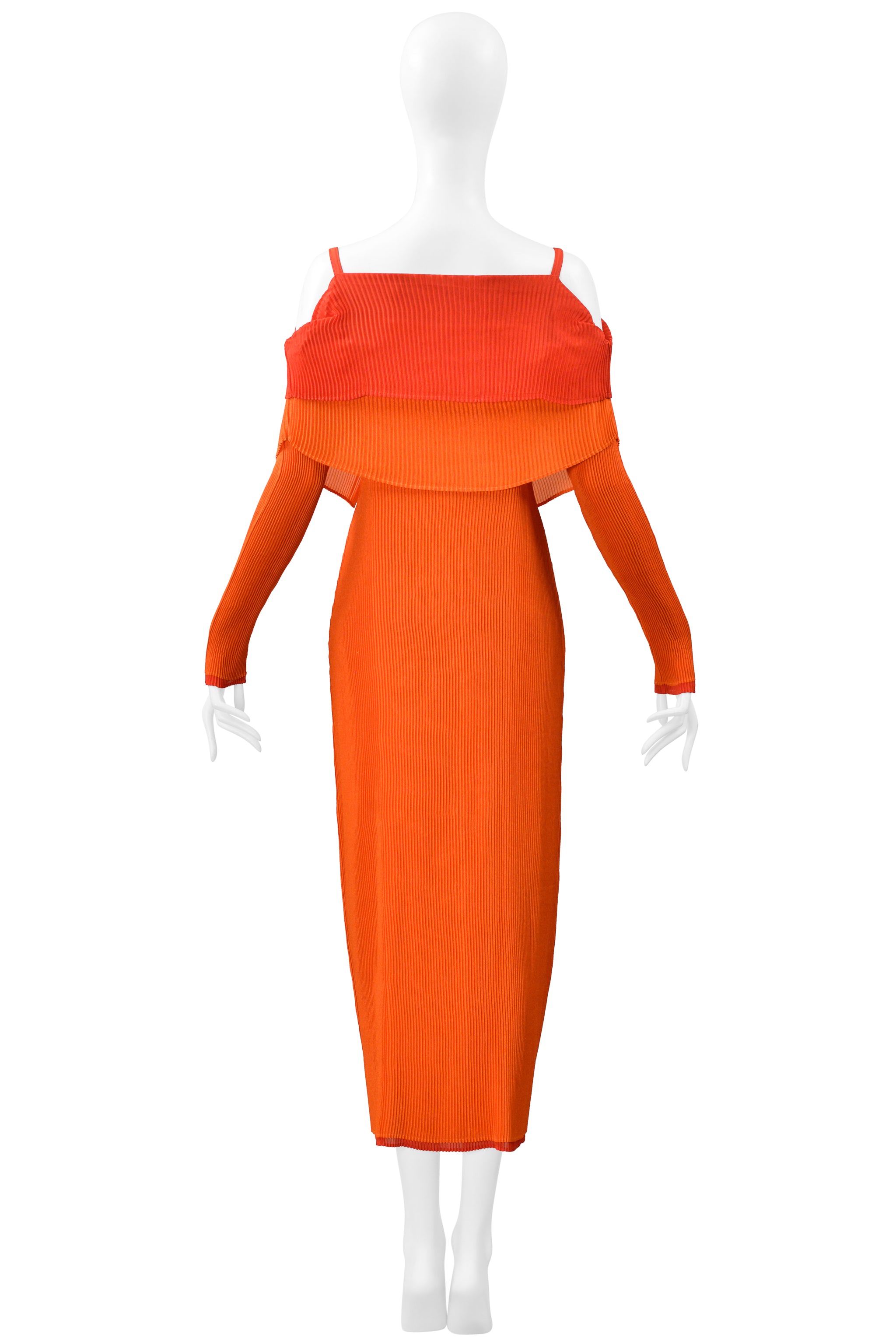 ISSEY MIYAKE RED AND ORANGE DOUBLE LAYERED PLEATED DRESS FW 2000-2001