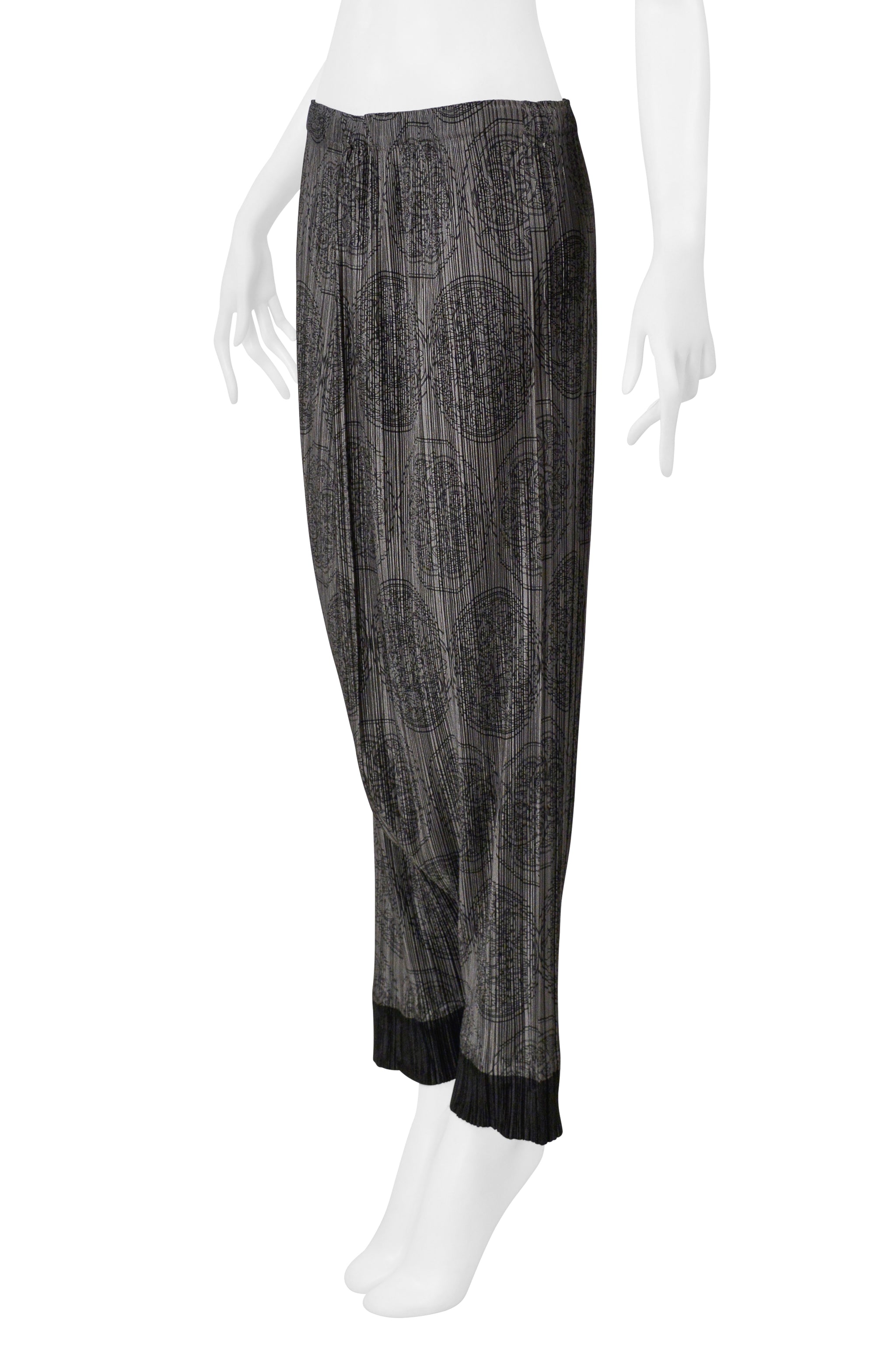 ISSEY MIYAKE PLEATS PLEASE GREY HAREM PANTS WITH MEDALLION PRINT AND BLACK CUFFS