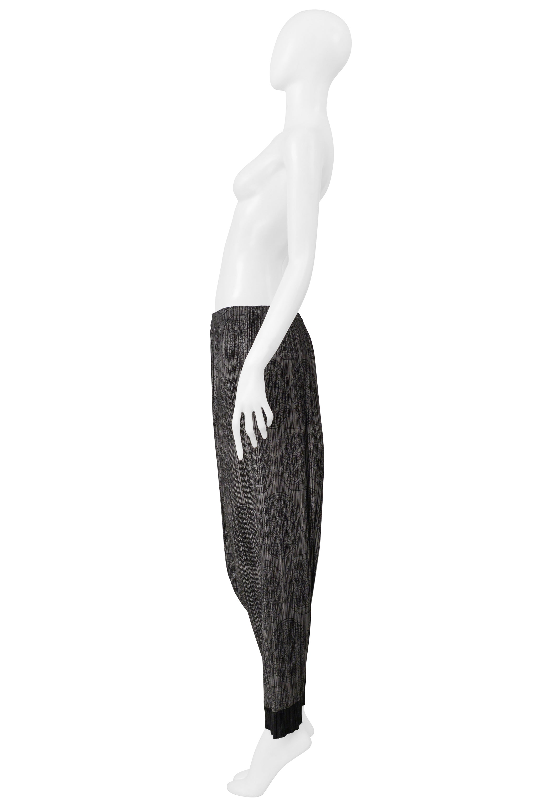ISSEY MIYAKE PLEATS PLEASE GREY HAREM PANTS WITH MEDALLION PRINT AND BLACK CUFFS