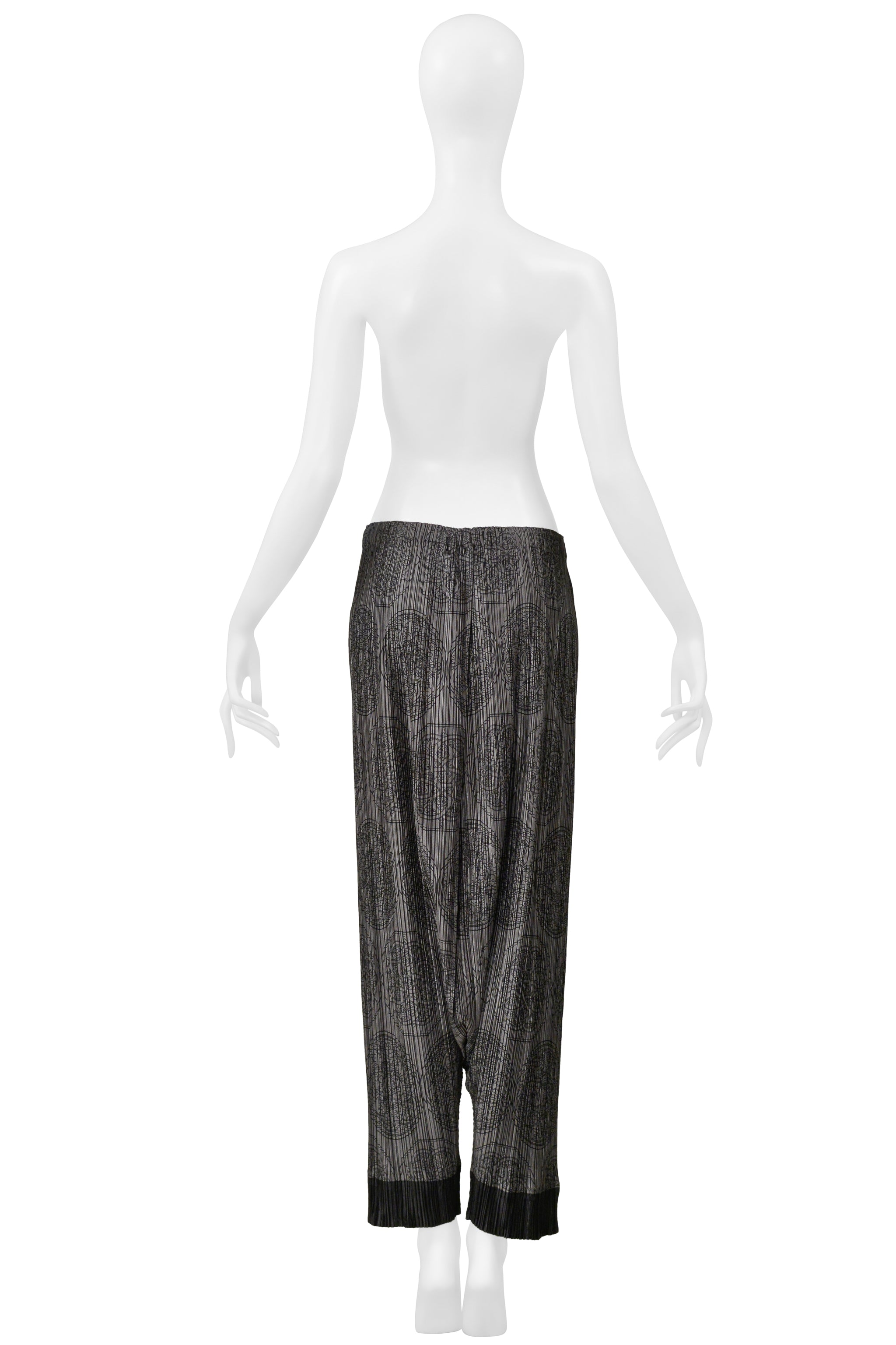 ISSEY MIYAKE PLEATS PLEASE GREY HAREM PANTS WITH MEDALLION PRINT AND BLACK CUFFS