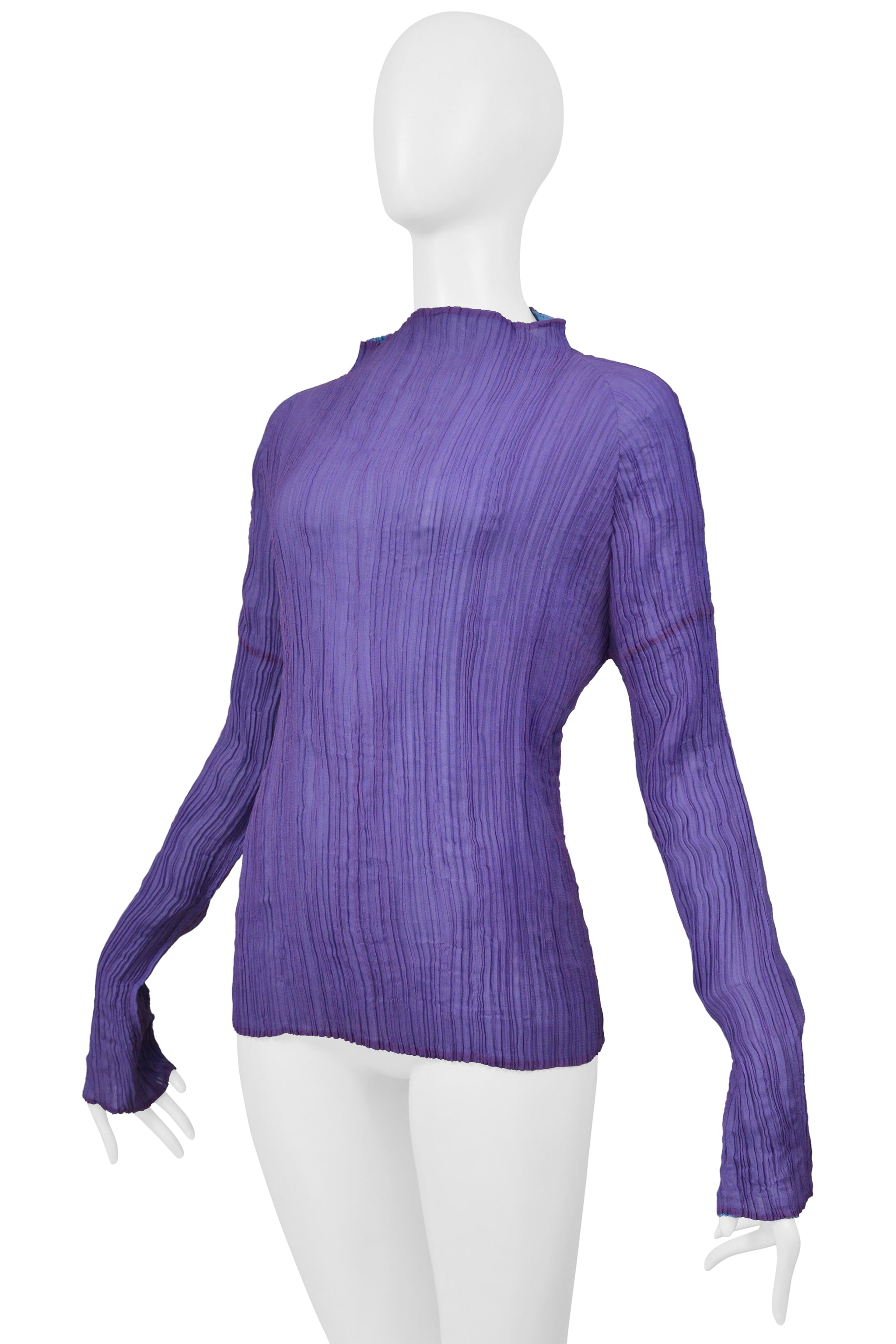 ISSEY MIYAKE PURPLE AND BLUE PLEATED TOP WITH HIGH NECK AND LONG SLEEVES