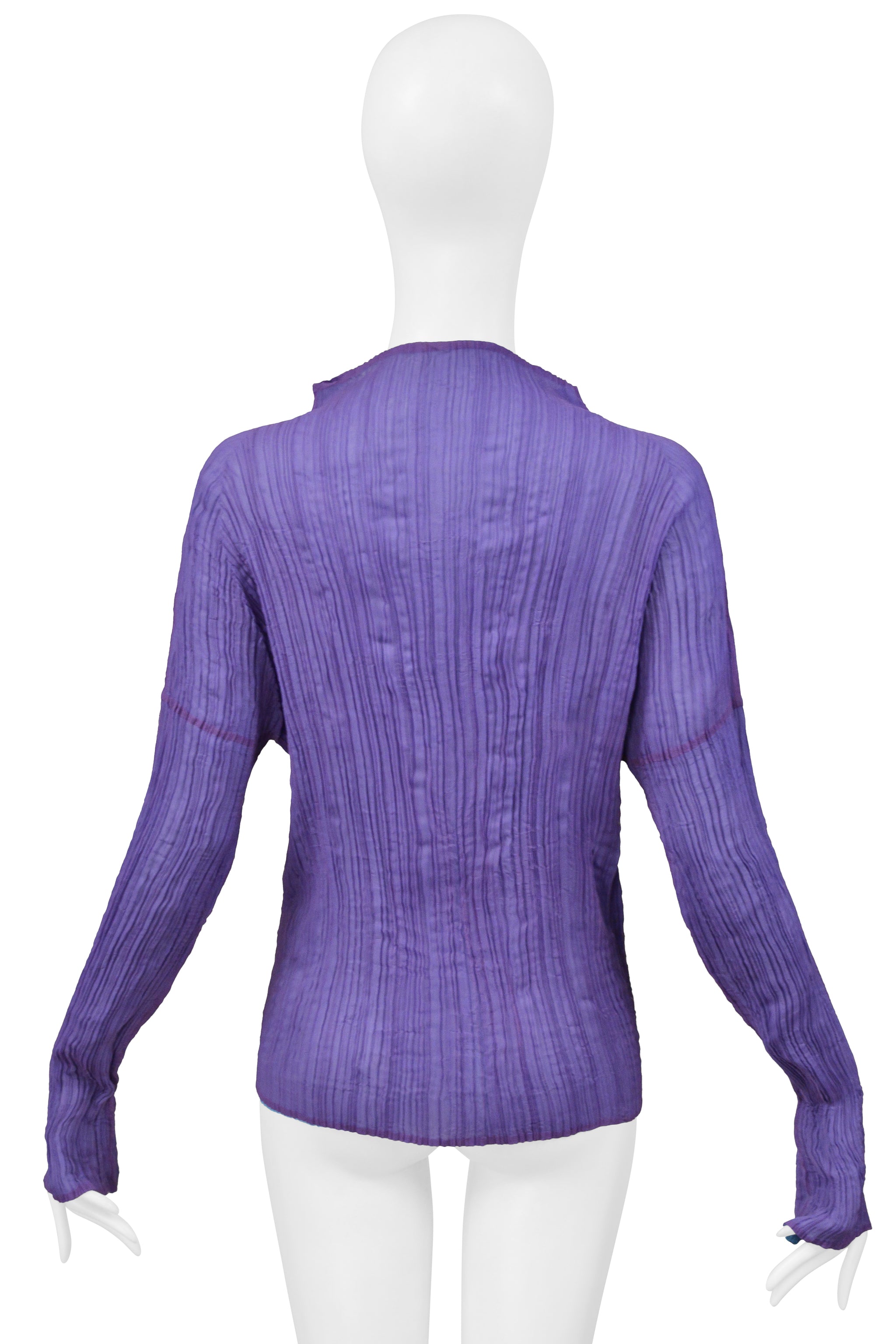 ISSEY MIYAKE PURPLE AND BLUE PLEATED TOP WITH HIGH NECK AND LONG SLEEVES