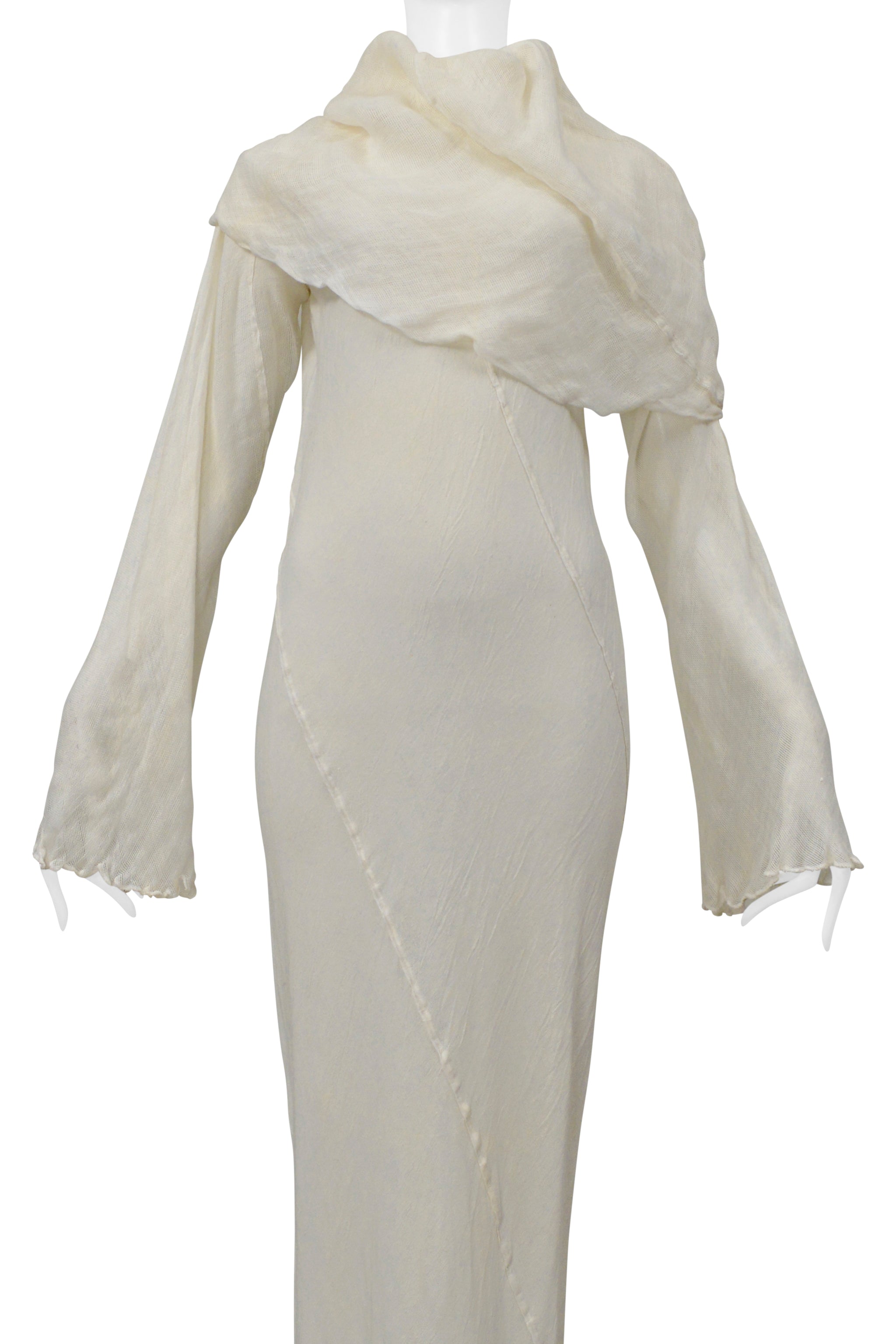 ISSEY MIYAKE WHITE LONG LINEN DRESS WITH DRAPED NECK 1998