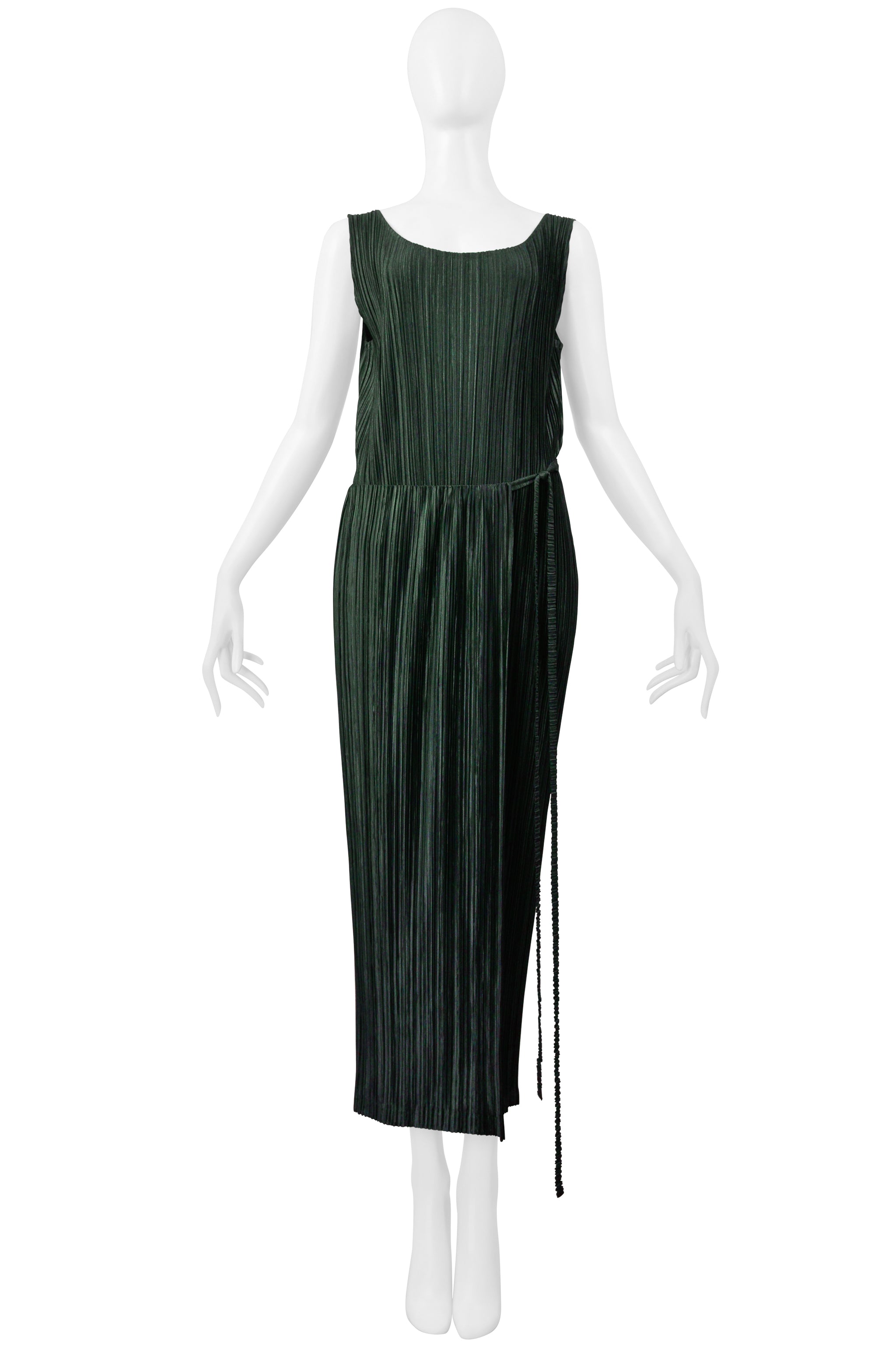ISSEY MIYAKE MOSS GREEN PLEATED DRESS WITH WRAP SKIRT SS 1999