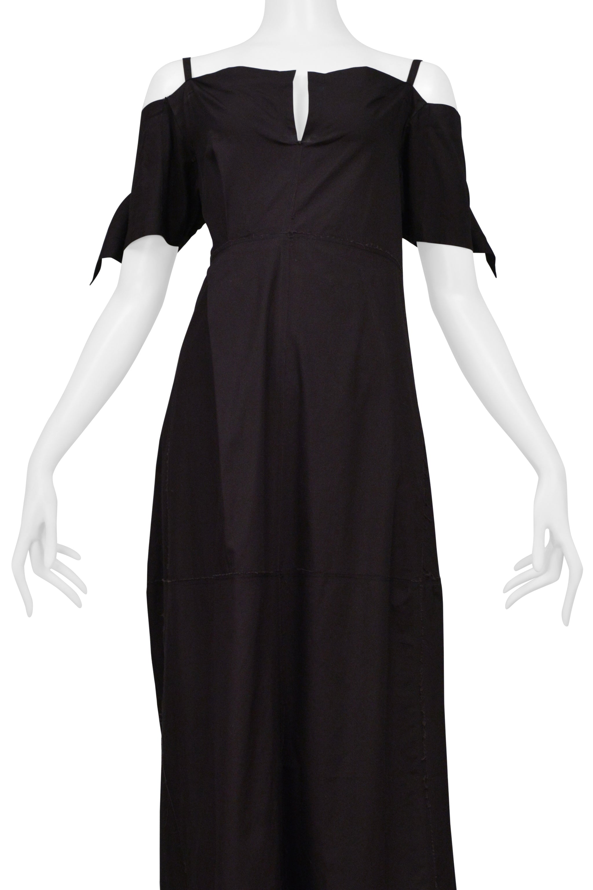 ISSEY MIYAKE BLACK DRESS WITH RAW EDGES AND OFF SHOULDER SLEEVES 2000