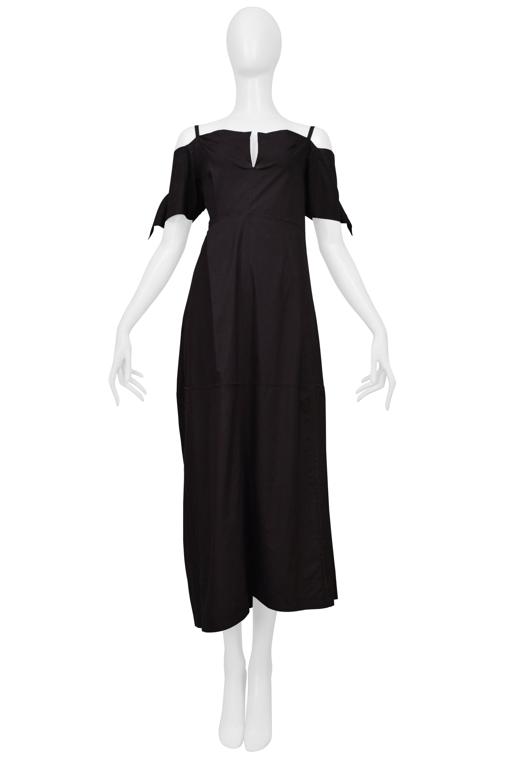 ISSEY MIYAKE BLACK DRESS WITH RAW EDGES AND OFF SHOULDER SLEEVES 2000