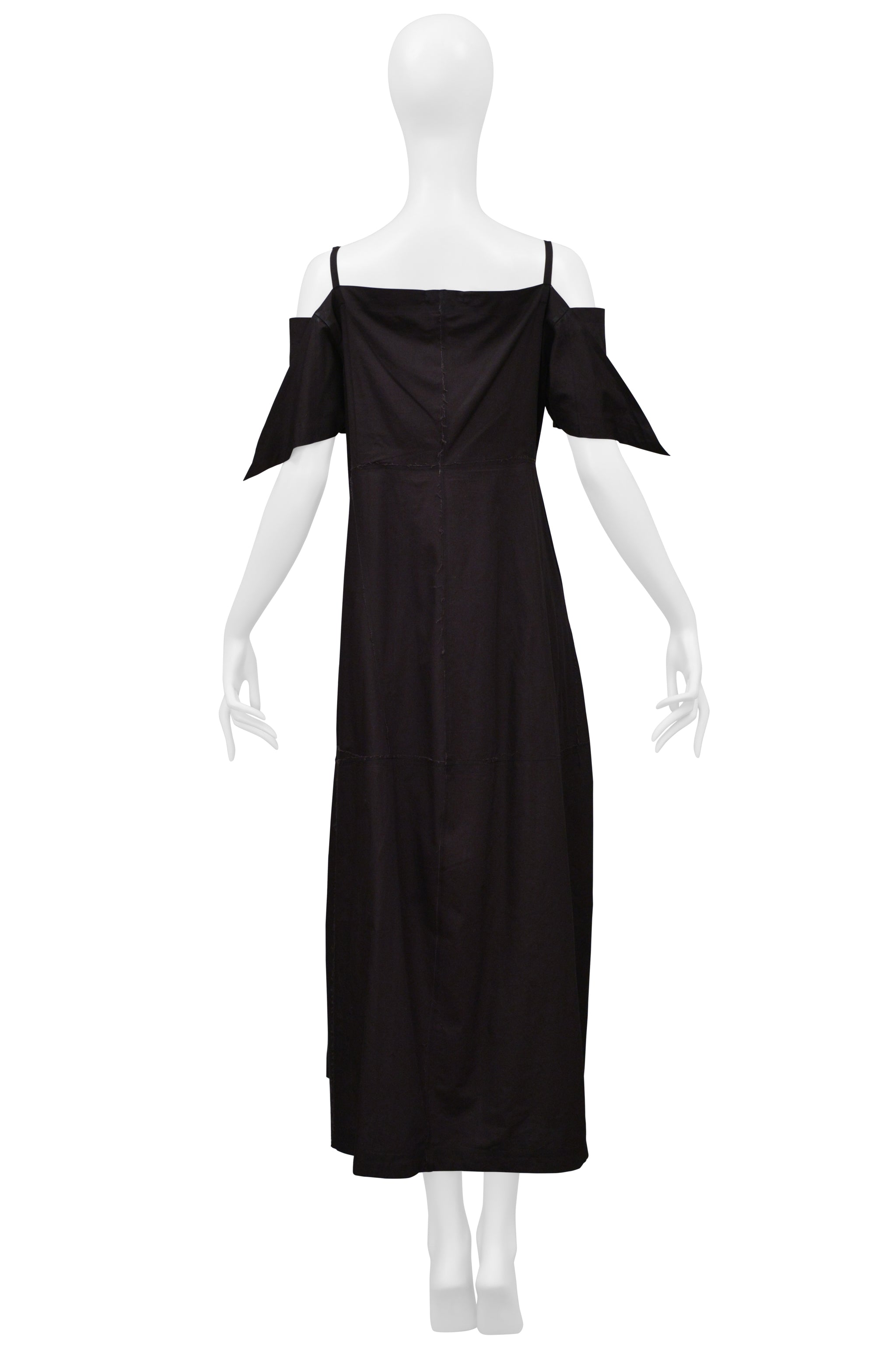 ISSEY MIYAKE BLACK DRESS WITH RAW EDGES AND OFF SHOULDER SLEEVES 2000