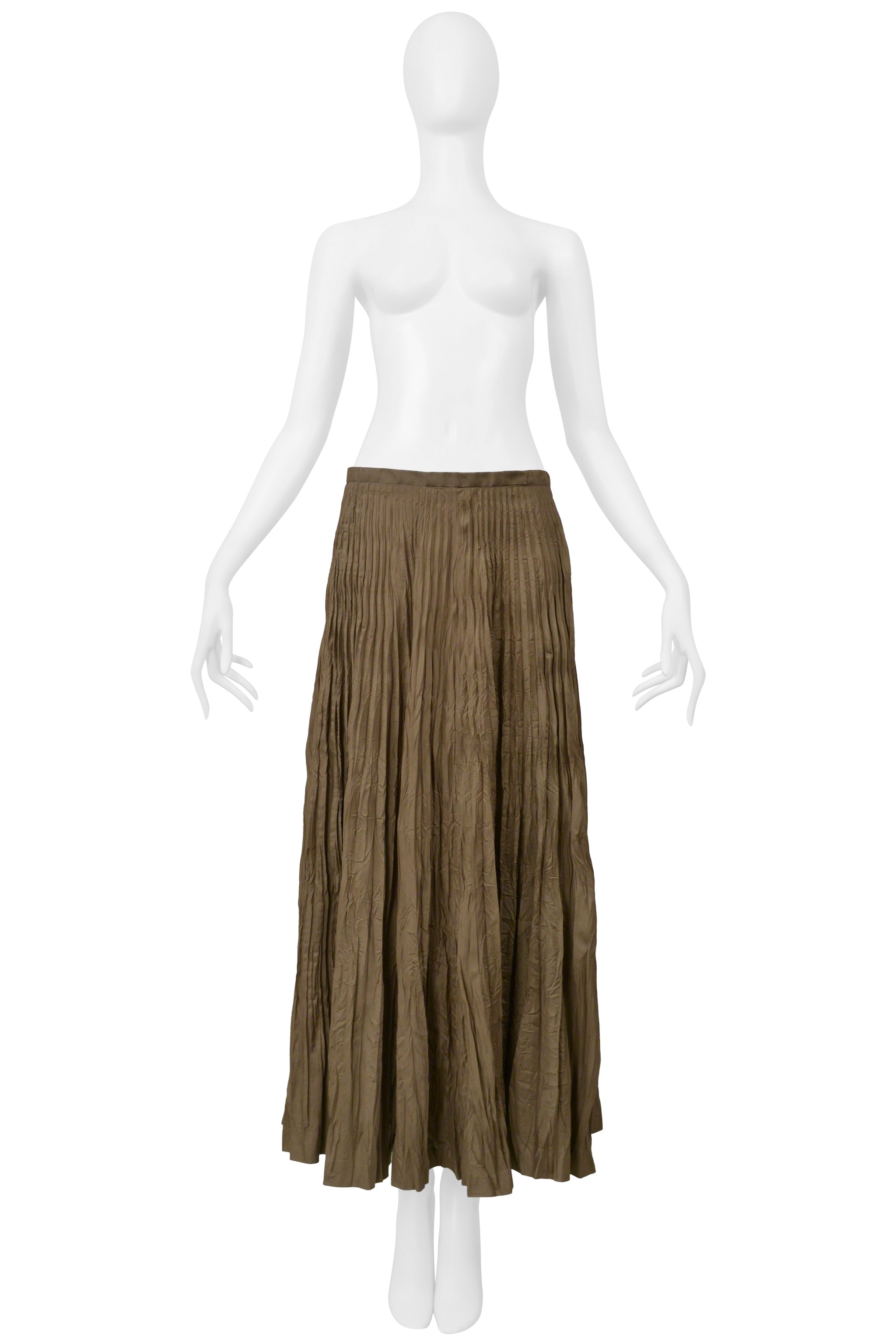 ISSEY MIYAKE KHAKI CRINKLED PLEATED LONG SKIRT 2000