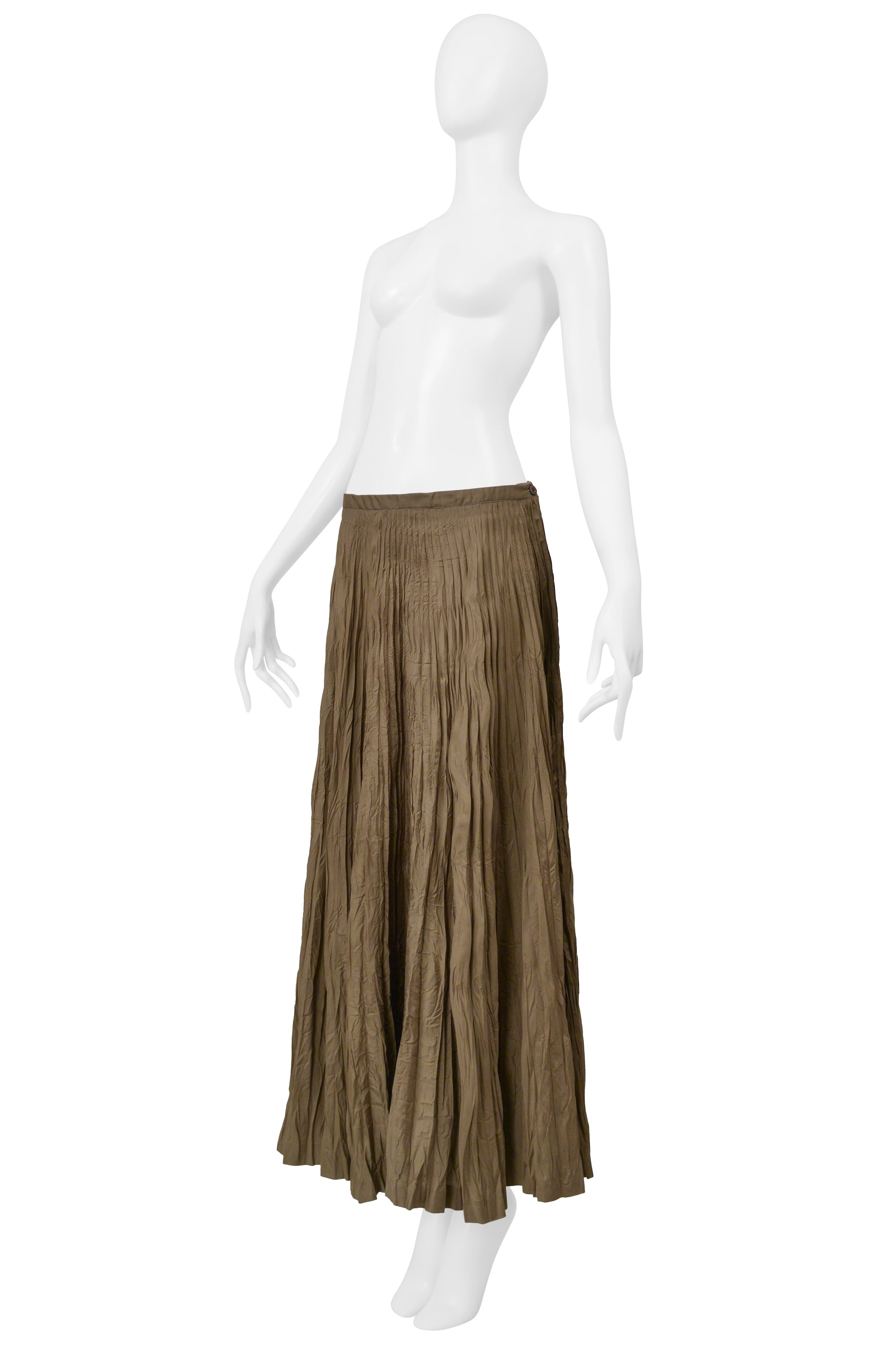 ISSEY MIYAKE KHAKI CRINKLED PLEATED LONG SKIRT 2000