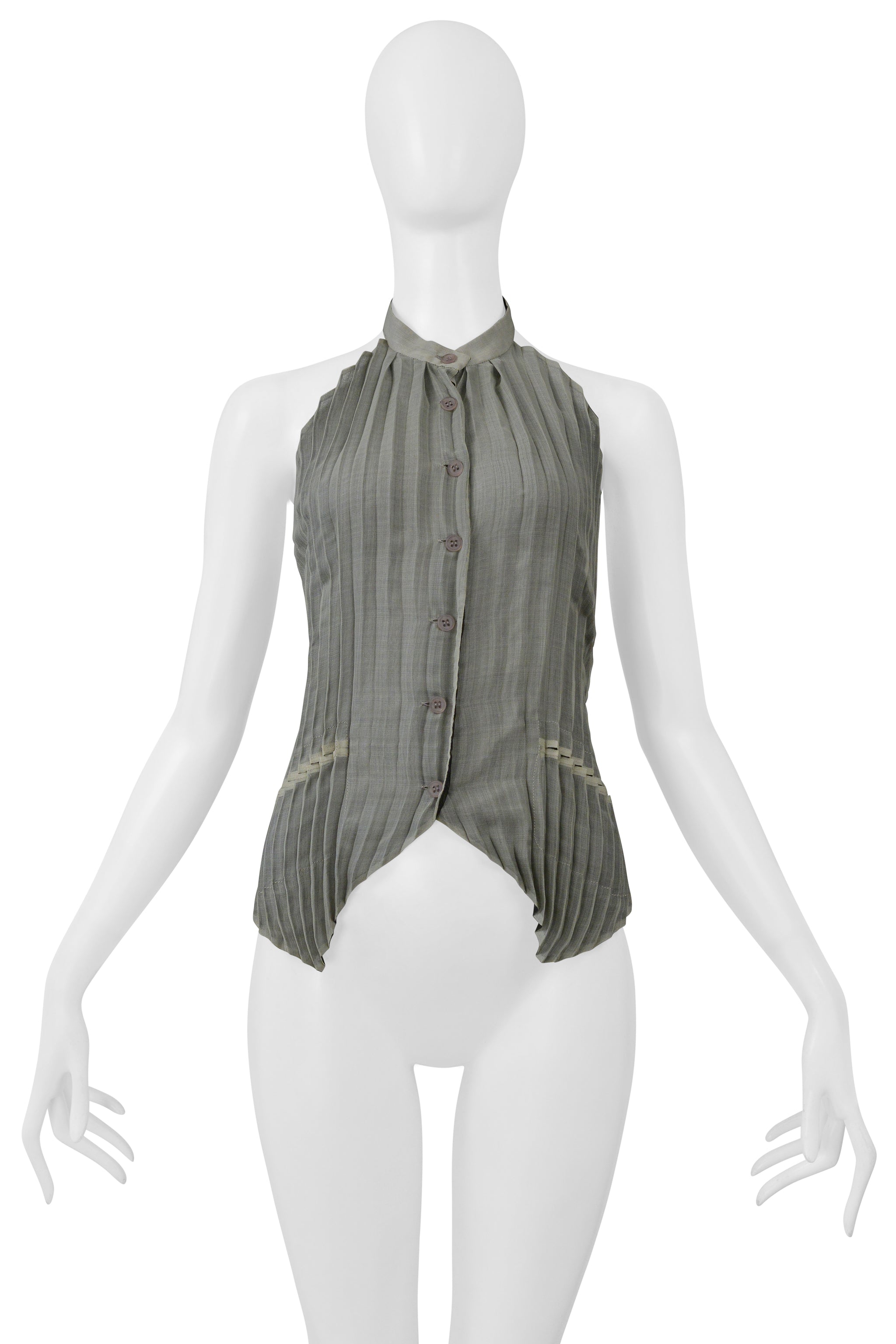 ISSEY MIYAKE PEARL GRAY PLEATED HALTER TOP WITH OPEN BACK SS 2000