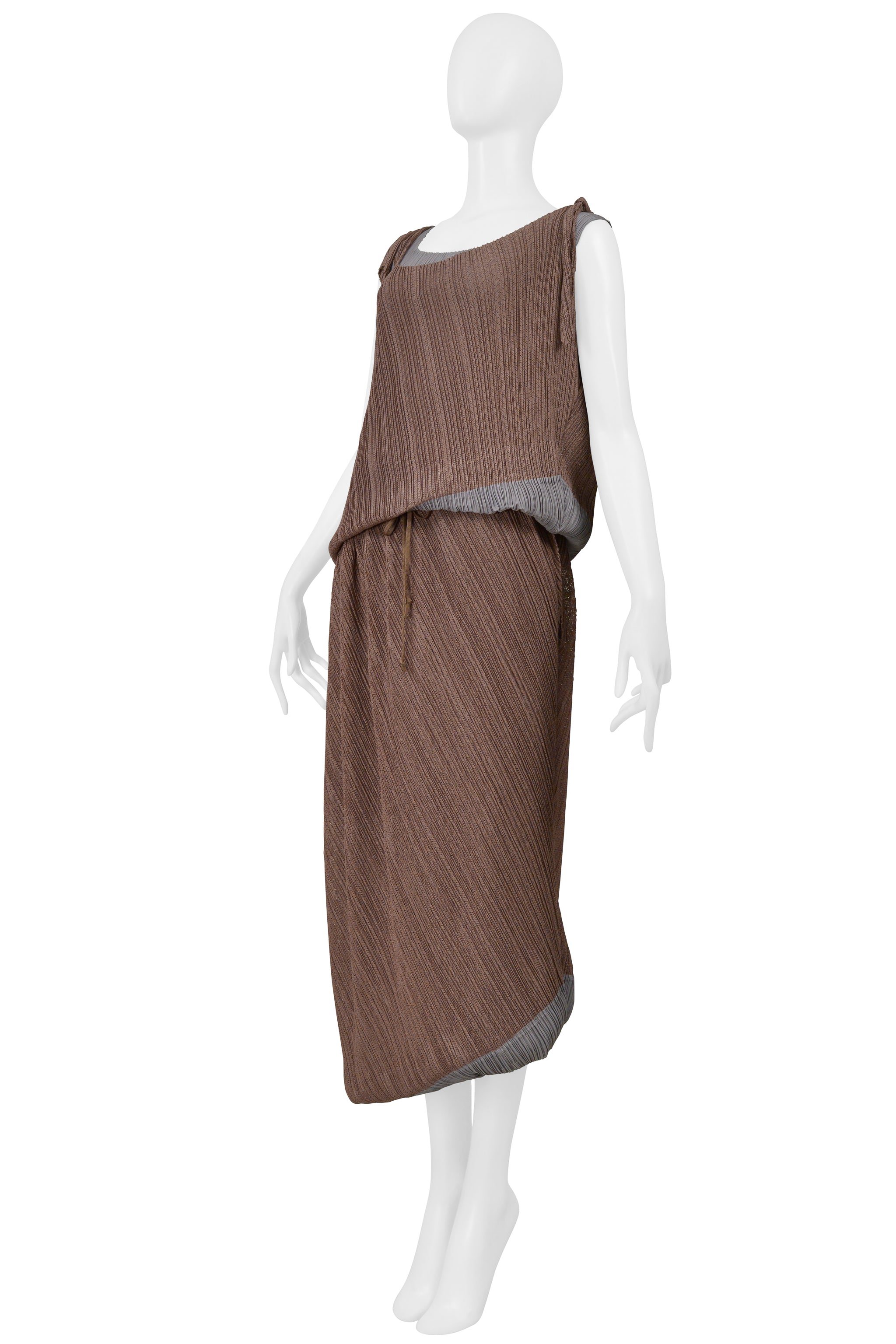 ISSEY MIYAKE TWO TONE BROWN AND GRAY DOUBLE TANK TOP AND SKIRT CIR. SS 2005