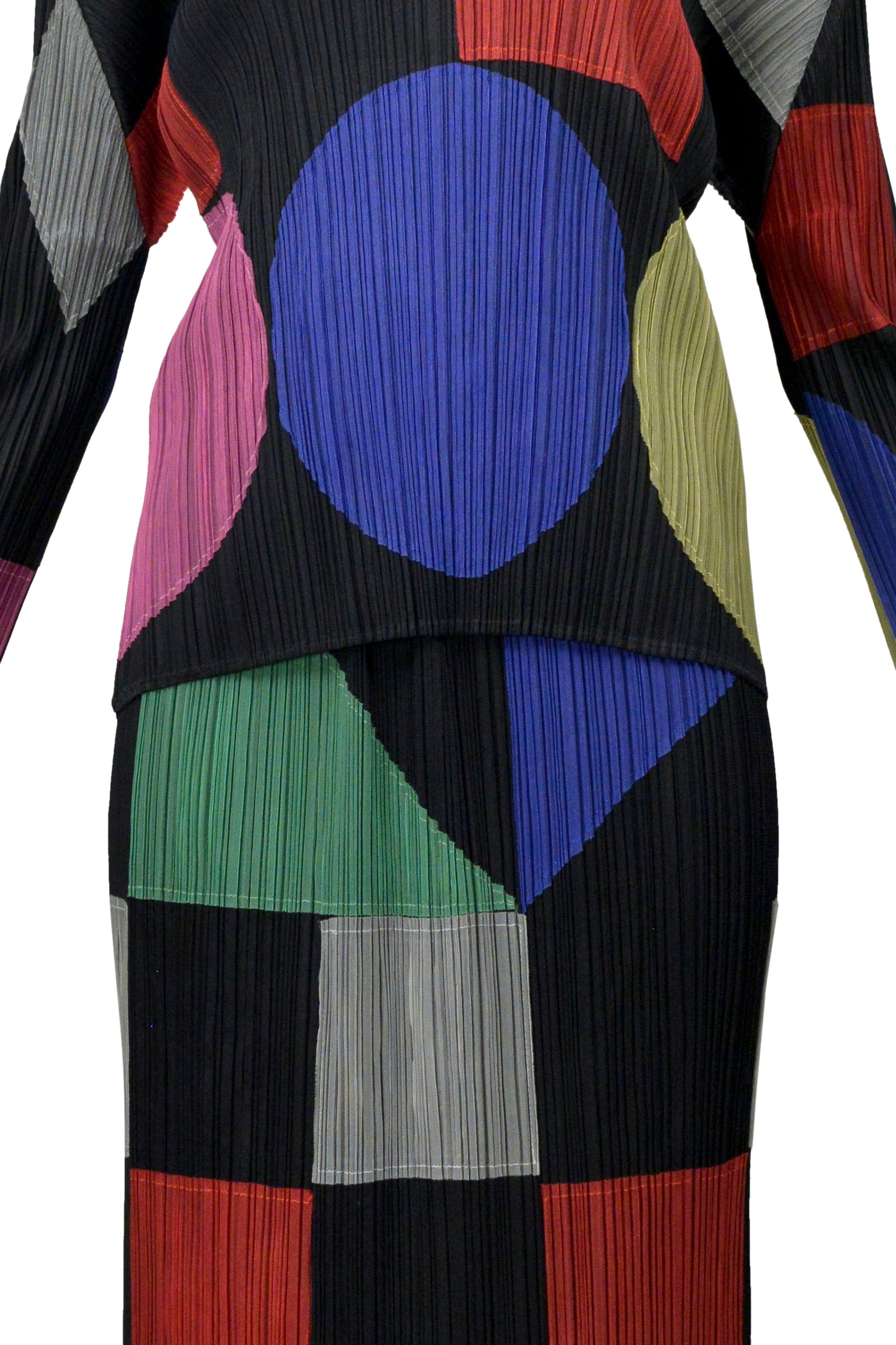 ISSEY MIYAKE 2000 BLACK PLEATED SKIRT ENSEMBLE WITH MULTICOLOR GEOMETRIC APPLIQUES