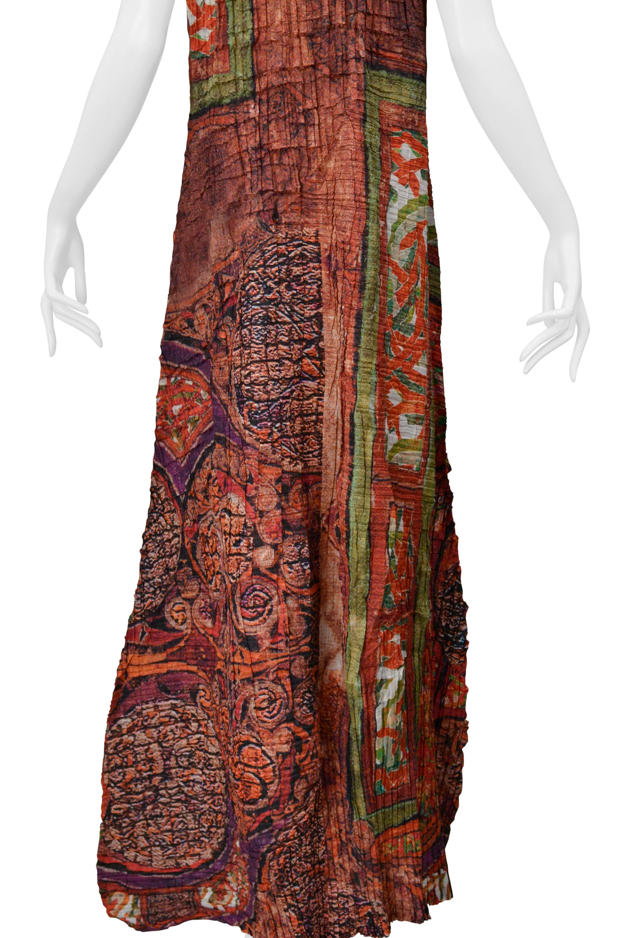 ISSEY MIYAKE 2001 AW BURGUNDY PRINTED PLEATED MAXI DRESS 2001-2002