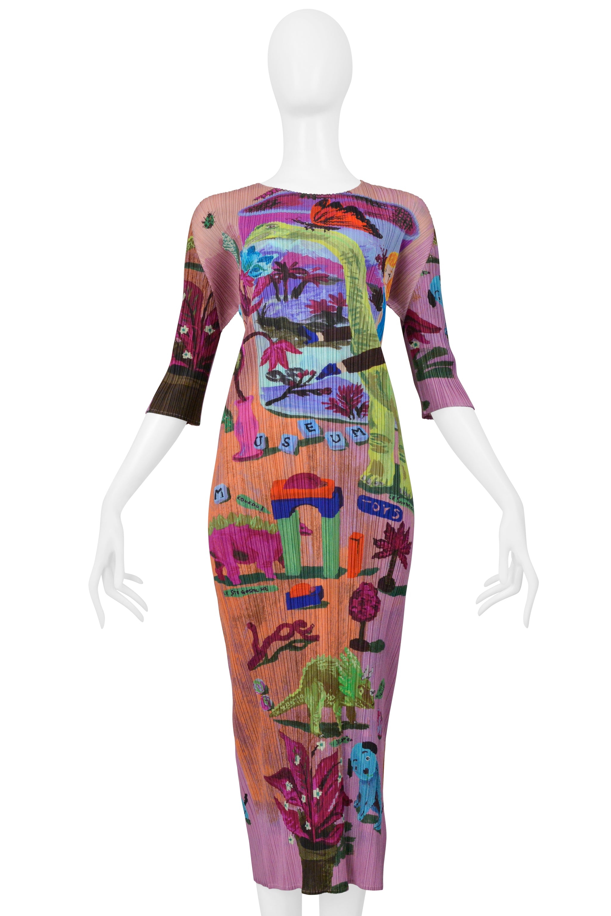 ISSEY MIYAKE 2006 ARTIST SERIES PINK DRESS WITH "DINOS EDEN" PRINT BY NATHALIE LETE
