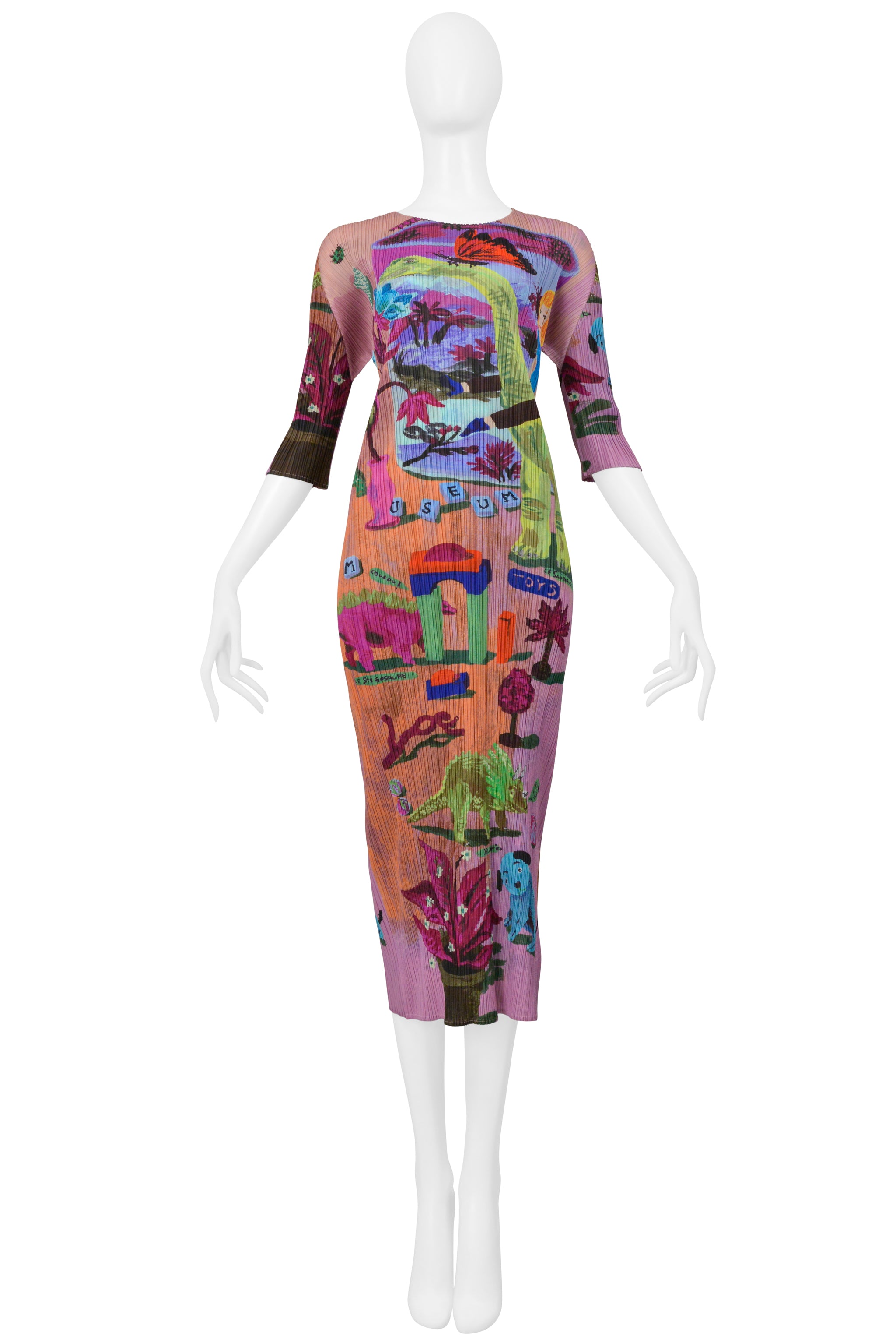 ISSEY MIYAKE 2006 ARTIST SERIES PINK DRESS WITH "DINOS EDEN" PRINT BY NATHALIE LETE