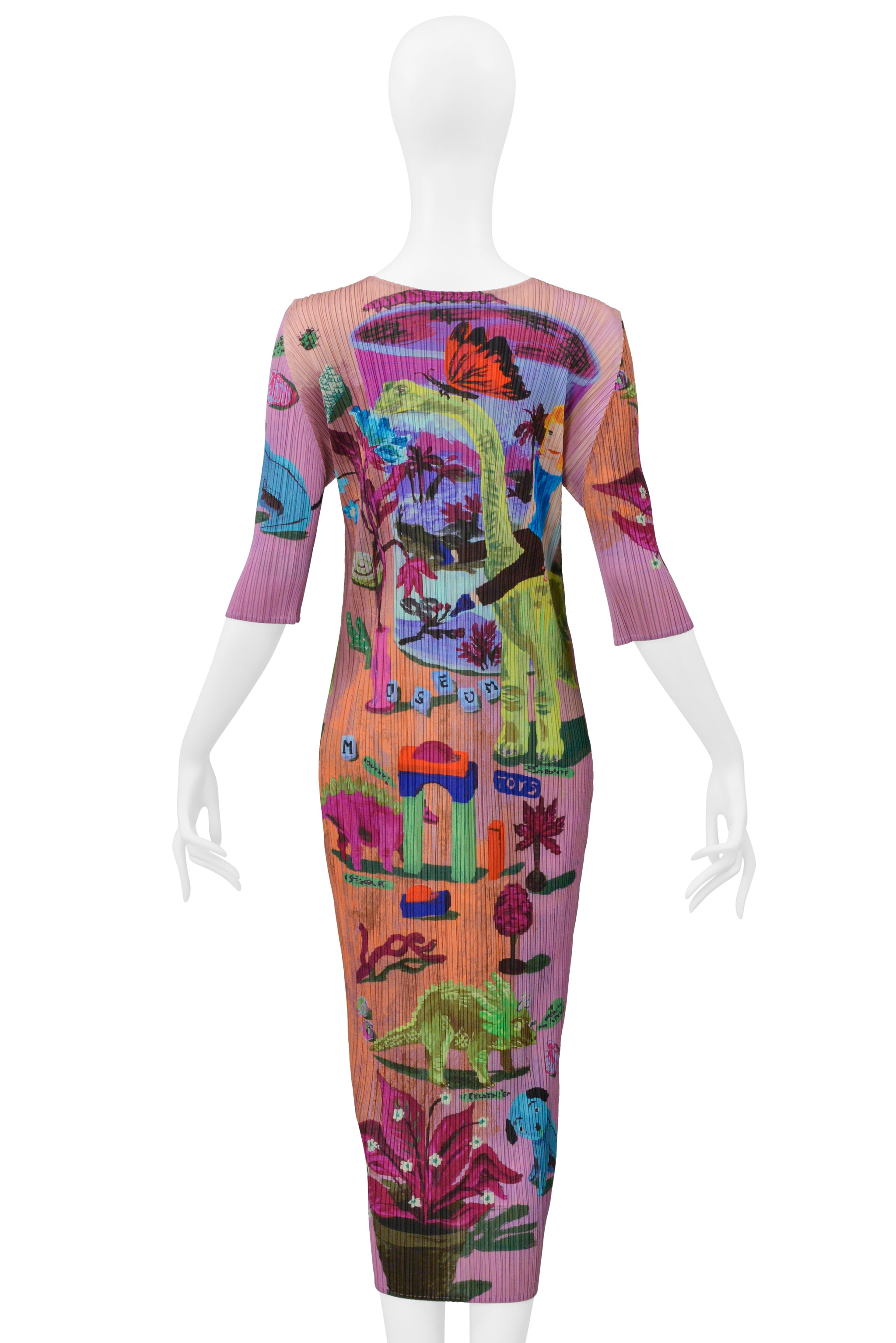 ISSEY MIYAKE 2006 ARTIST SERIES PINK DRESS WITH "DINOS EDEN" PRINT BY NATHALIE LETE