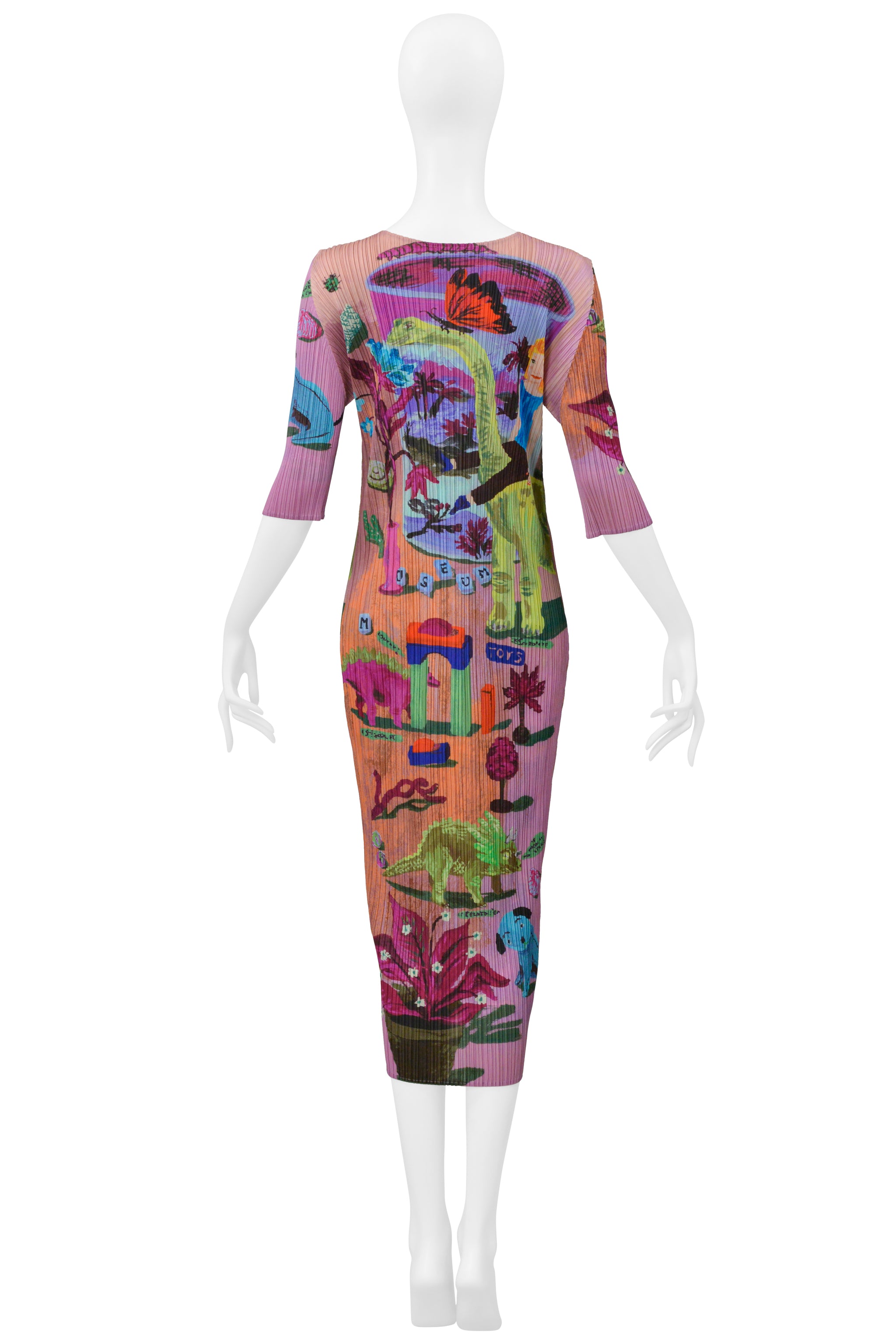 ISSEY MIYAKE 2006 ARTIST SERIES PINK DRESS WITH "DINOS EDEN" PRINT BY NATHALIE LETE