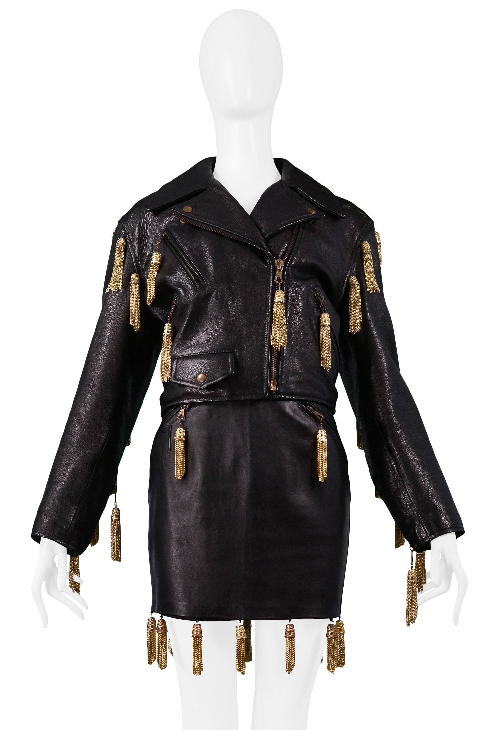 MOSCHINO BLACK LEATHER SKIRT SUIT WITH GOLD CHAIN TASSELS 1989