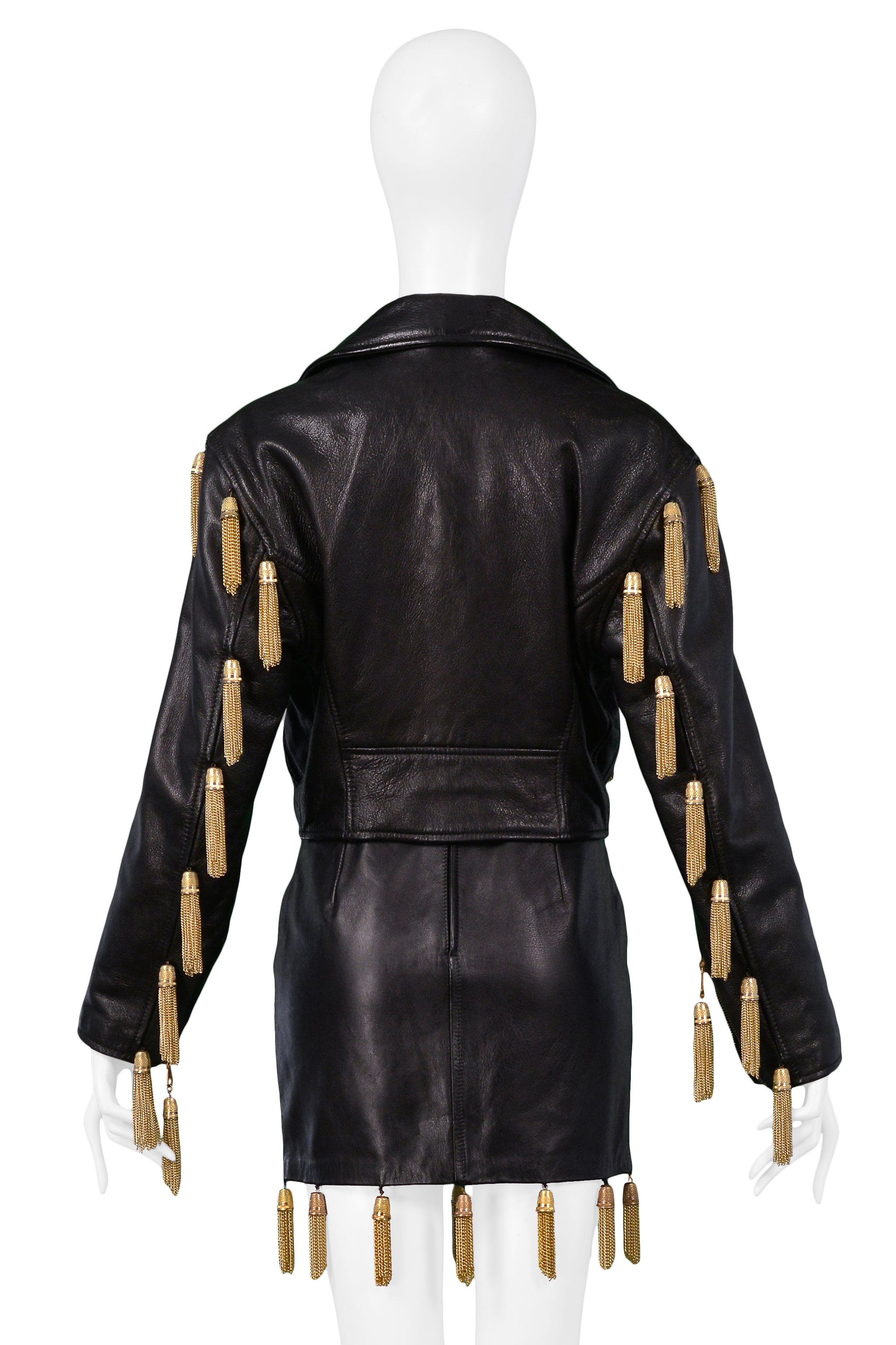 MOSCHINO BLACK LEATHER SKIRT SUIT WITH GOLD CHAIN TASSELS 1989