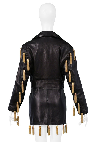 【関税込み】moschino Chain skirt MOSCHINO BLACK LEATHER SKIRT SUIT WITH GOLD CHAIN TASSELS 1989