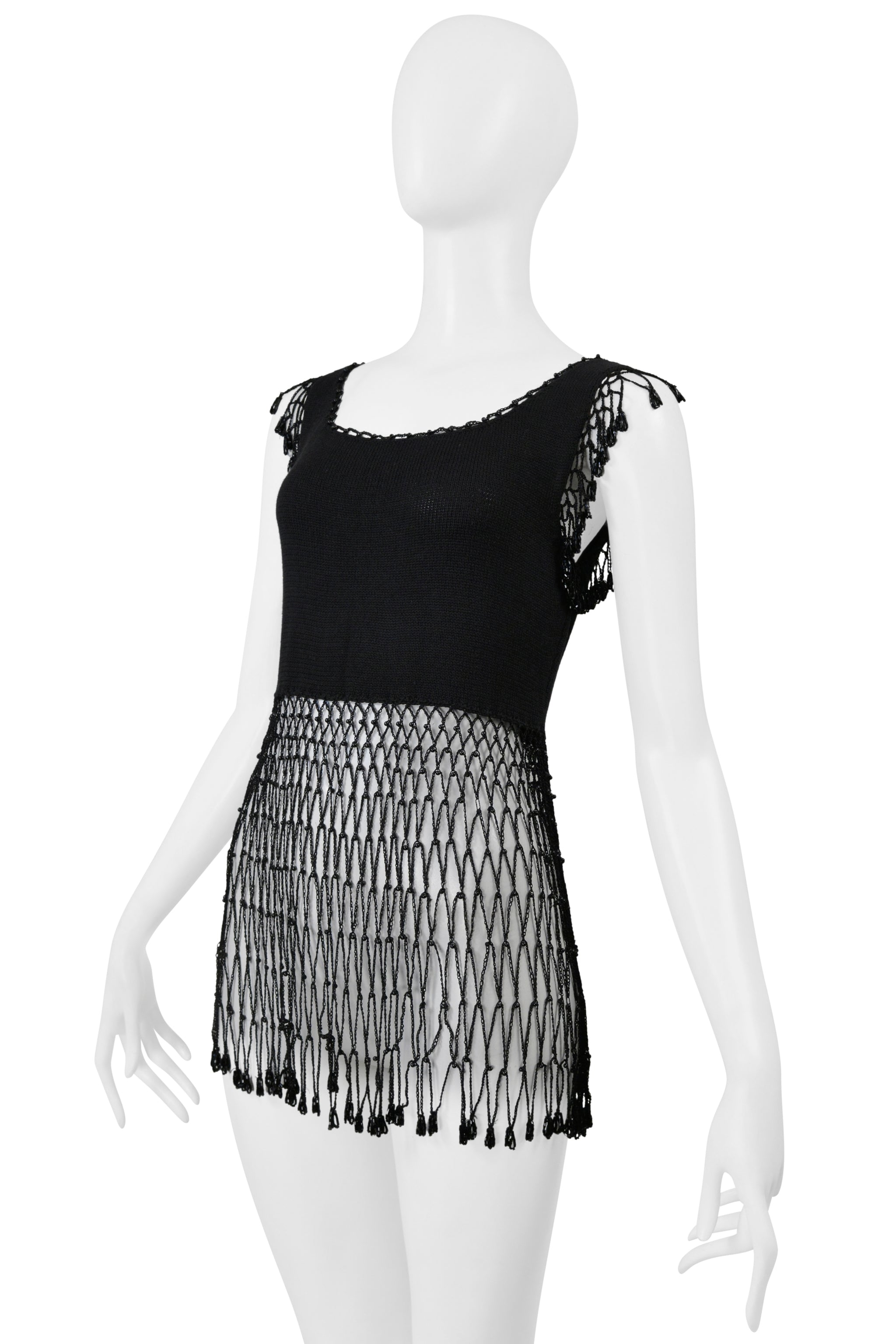 MOSCHINO BLACK KNIT TOP WITH NETTING AND BEADING