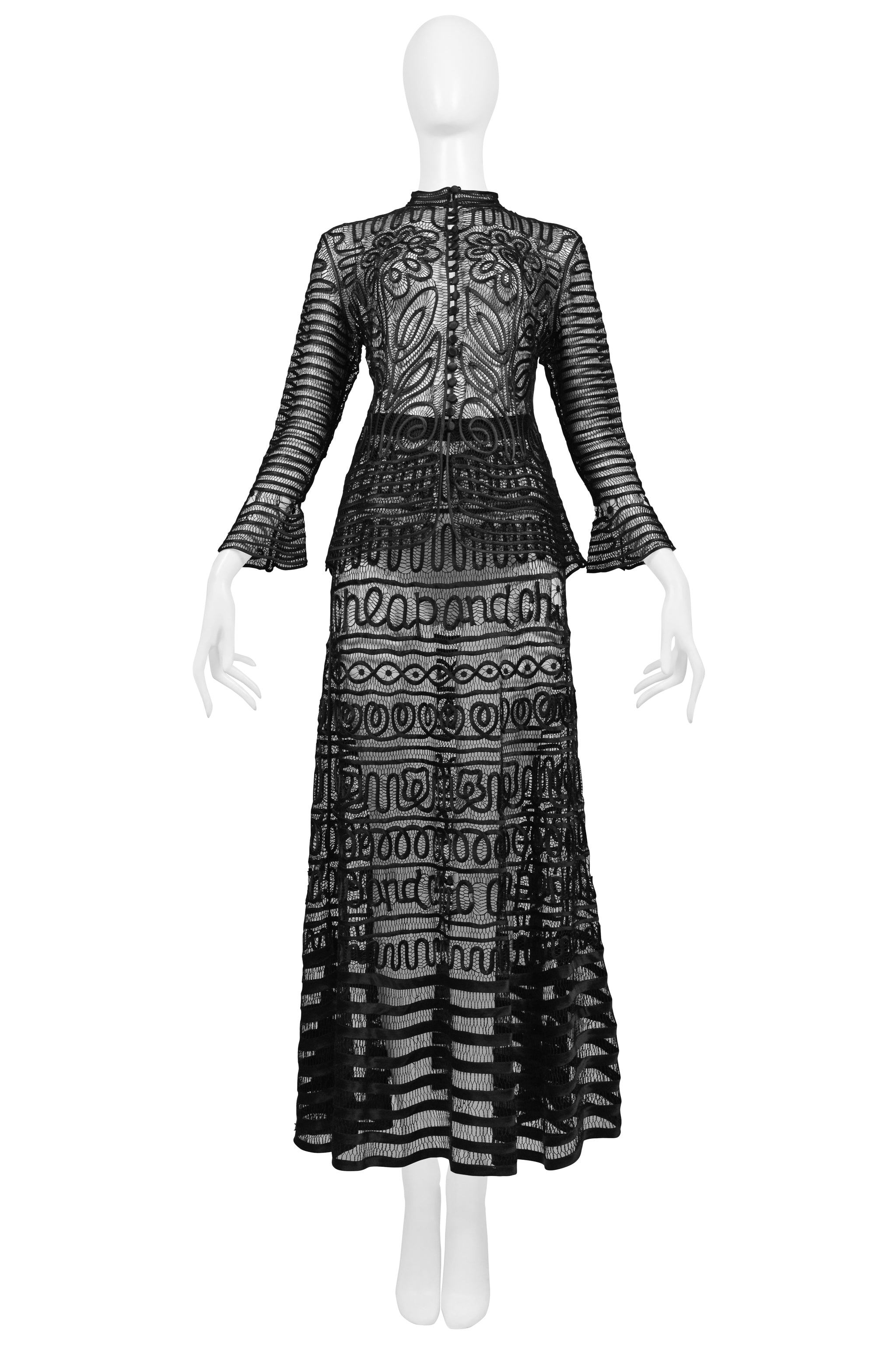 MOSCHINO "CHEAP & CHIC" BLACK SATIN RIBBON LACE JACKET & SKIRT WITH LOGO SCRIPT