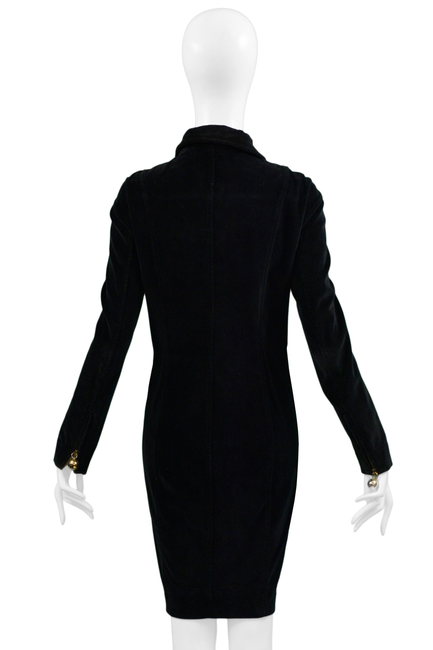 MOSCHINO BLACK VELVET ZIP COAT DRESS WITH GOLD BALLS