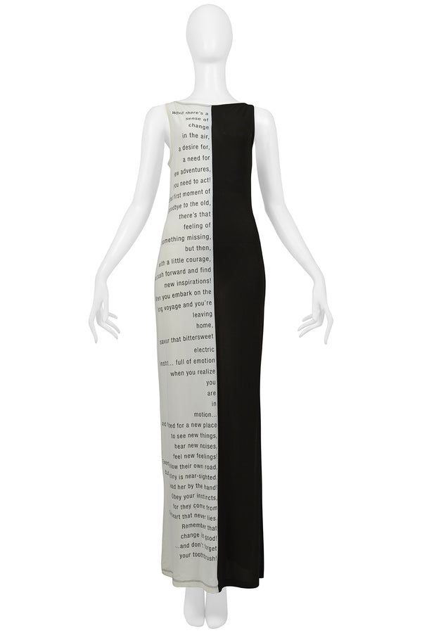 MOSCHINO BLACK & WHITE TEXT MAXI DRESS WITH SIDE SLIT 2000S