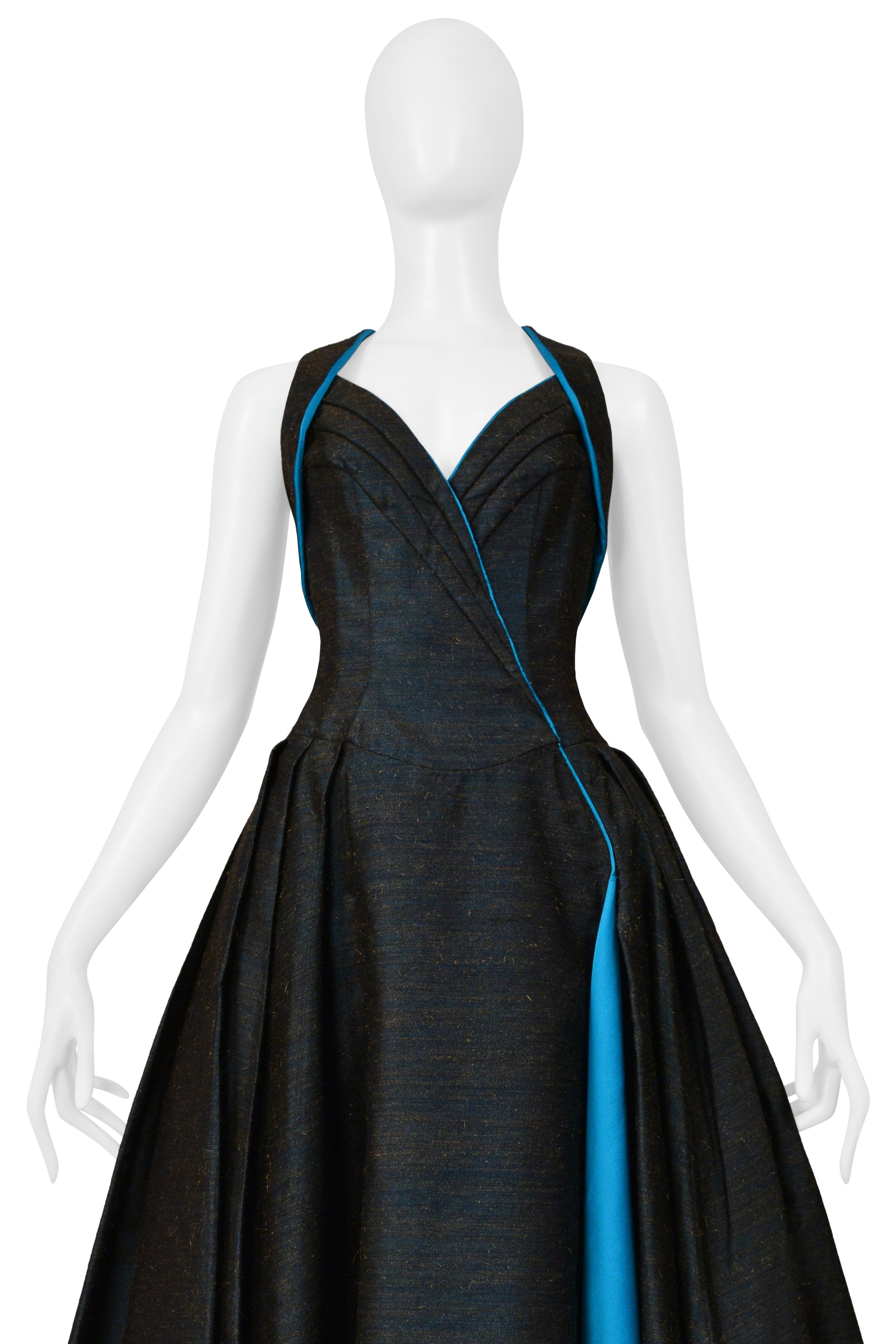 THIERRY MUGLER BLUE HALTER EVENING GOWN 1990s