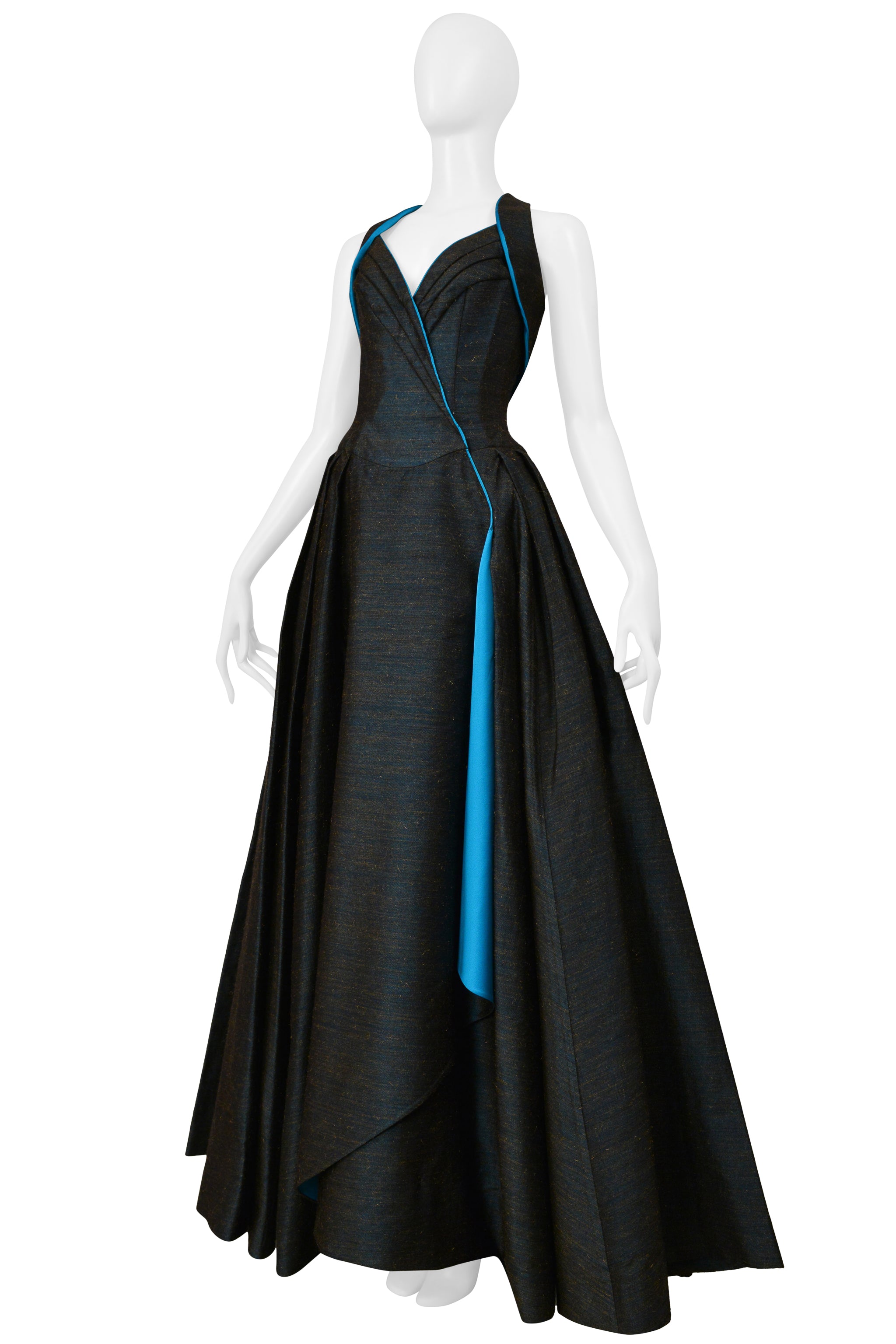 THIERRY MUGLER BLUE HALTER EVENING GOWN 1990s