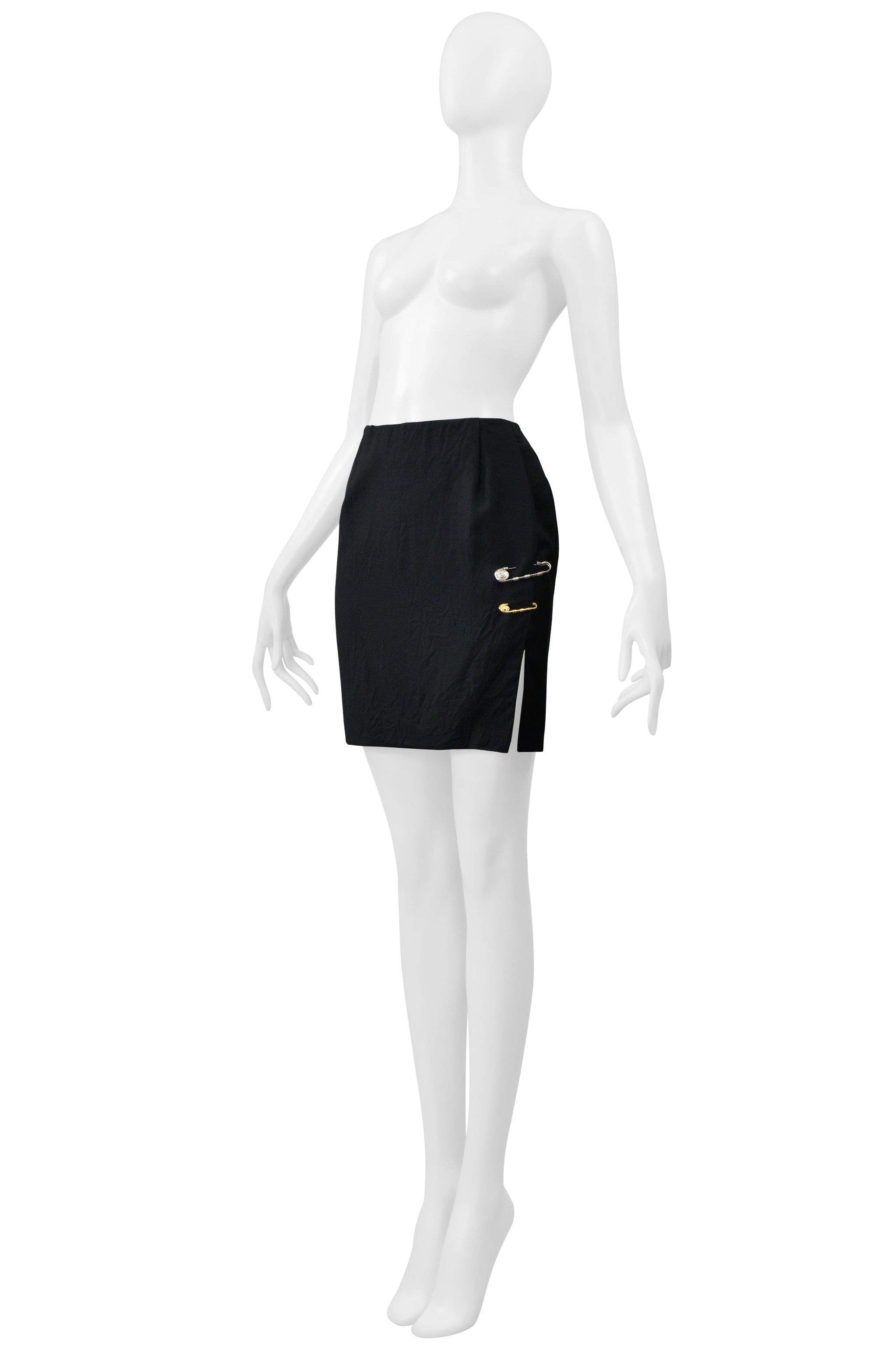VERSACE ICONIC BLACK "SAFETY PIN" MINI SKIRT WITH SLIT 1994