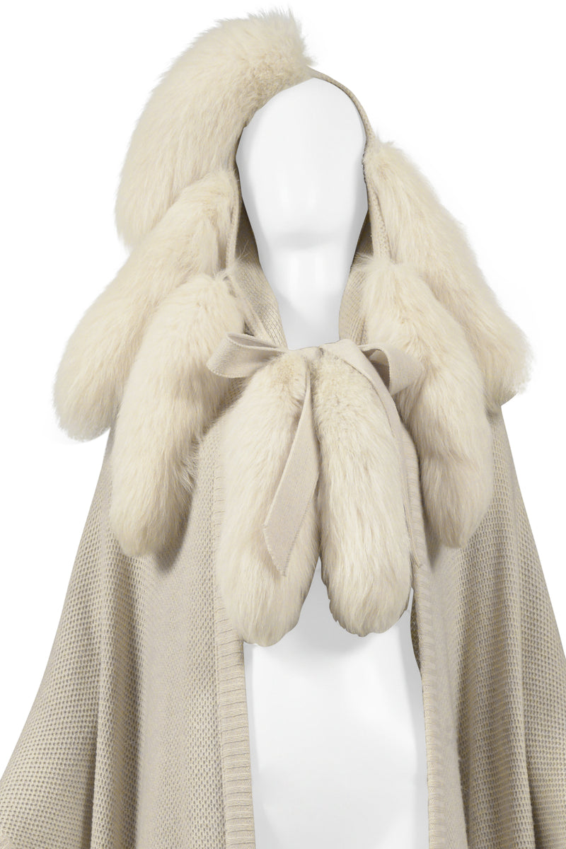 ALIMIA PARIS OFF-WHITE CAPE WITH FUR TAILS & LEATHER PATCHES