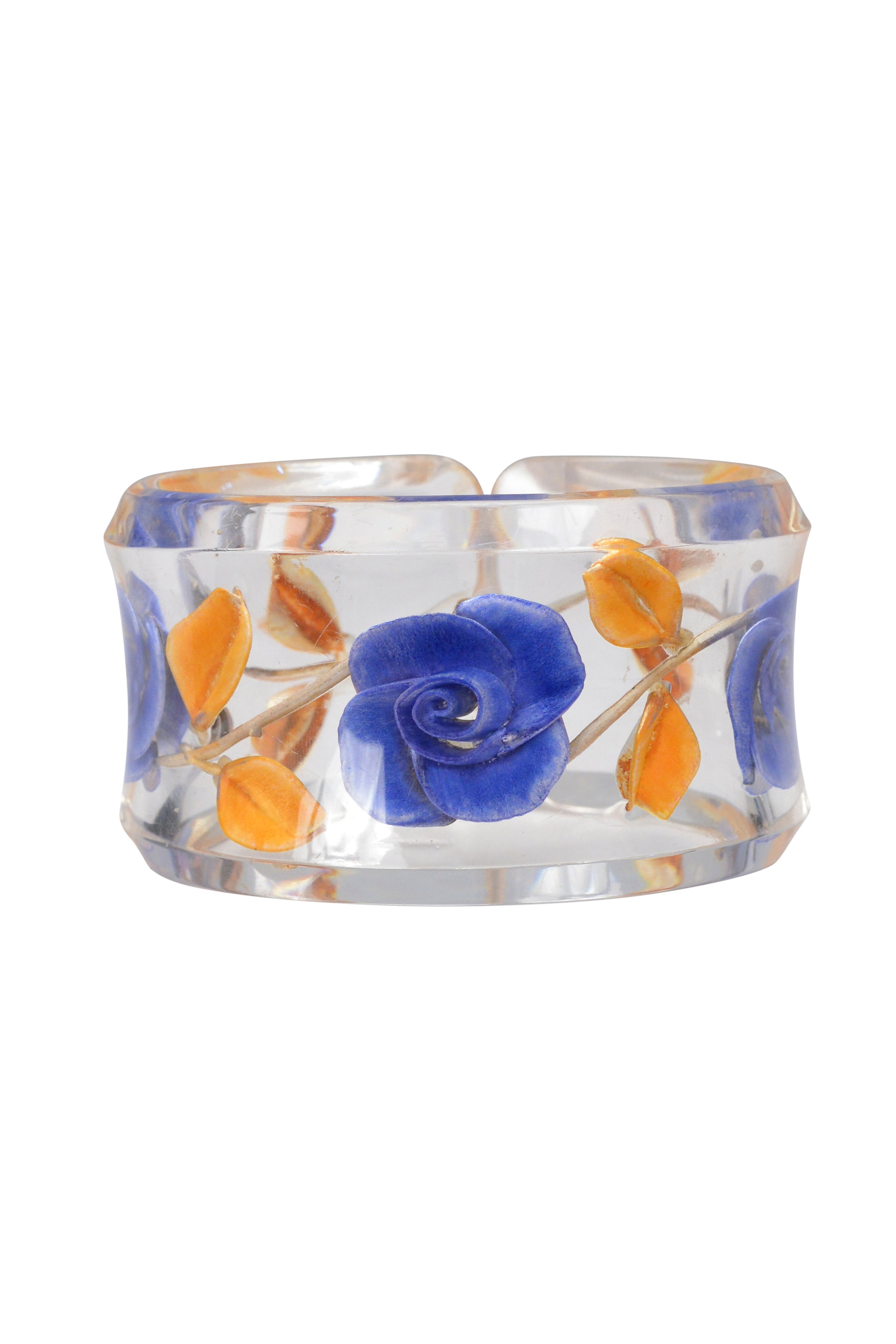 FRENCH LUCITE BLUE YELLOW FLORAL CARVED BRACELET CUFF