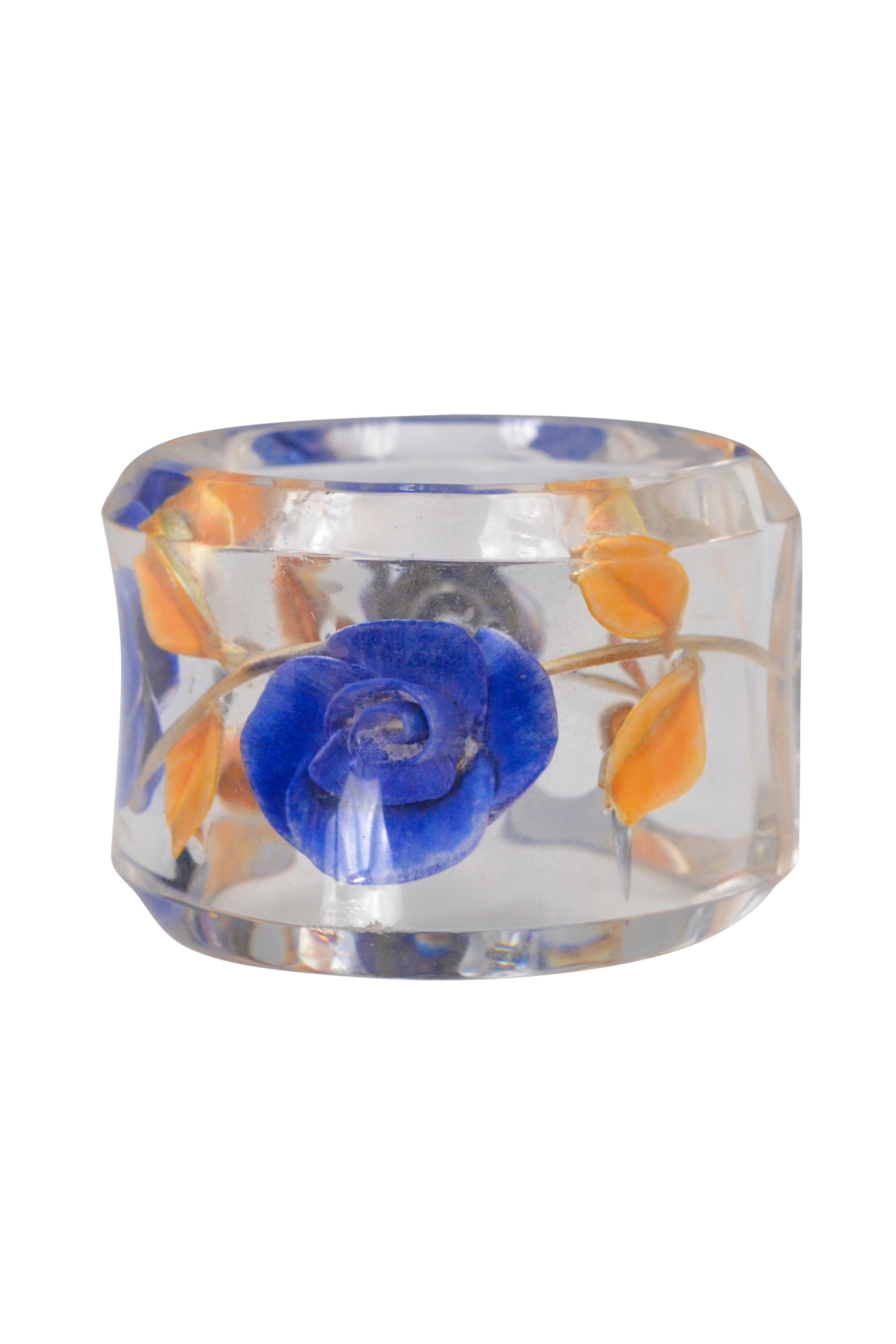 FRENCH LUCITE BLUE YELLOW FLORAL CARVED BRACELET CUFF