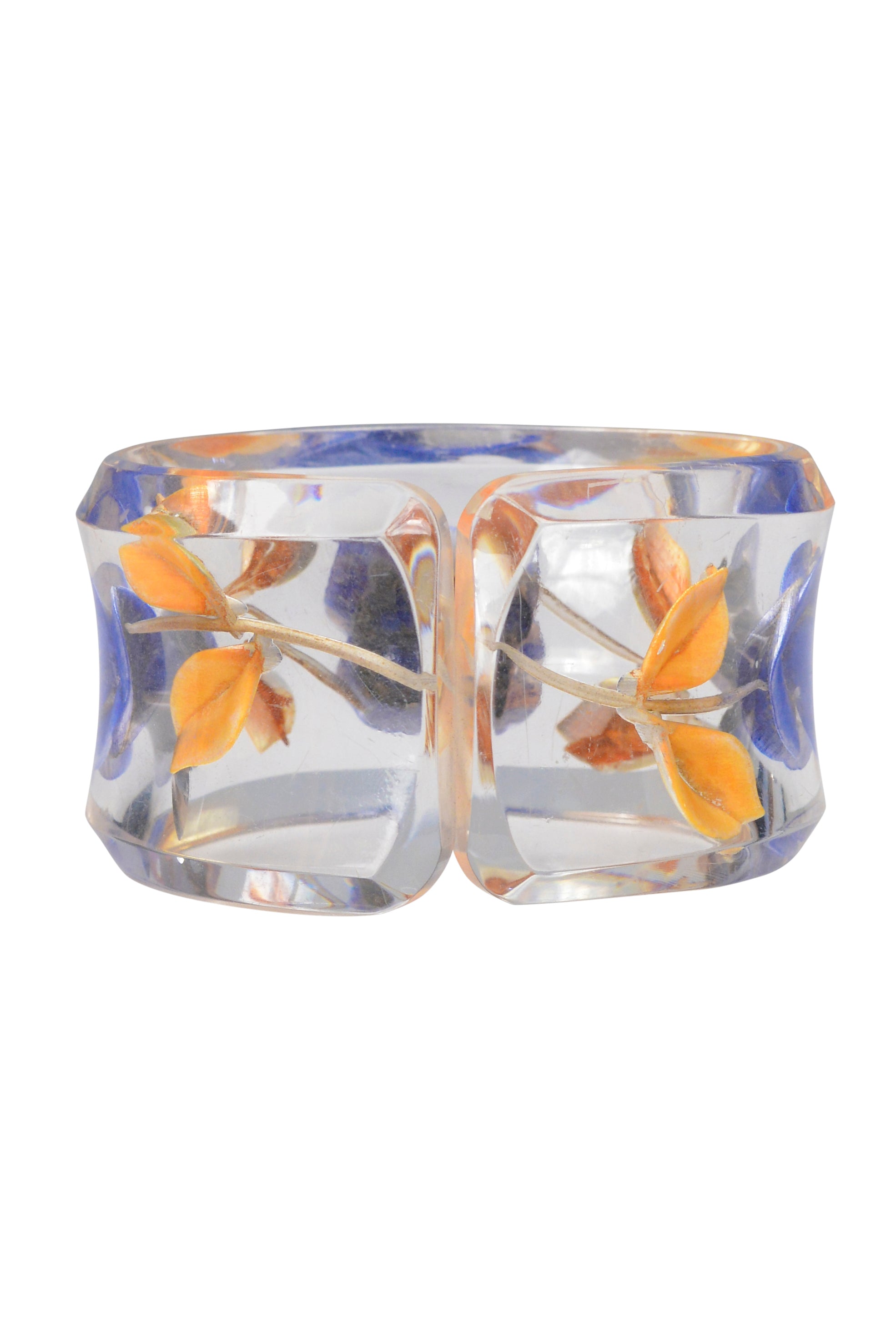 FRENCH LUCITE BLUE YELLOW FLORAL CARVED BRACELET CUFF