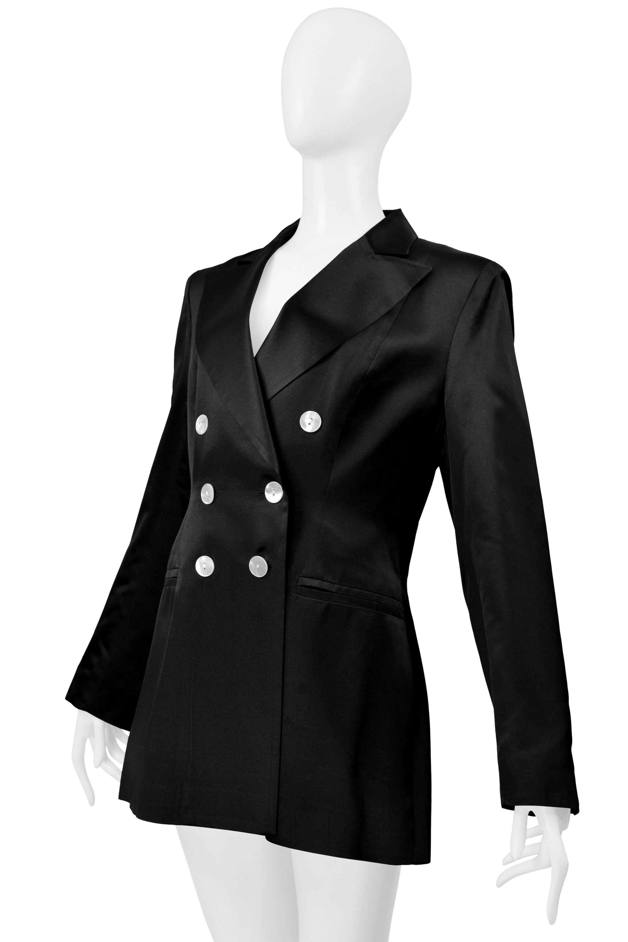 INES DE LA FRESSANGE BLACK SATIN JACKET WITH WHITE BUTTONS