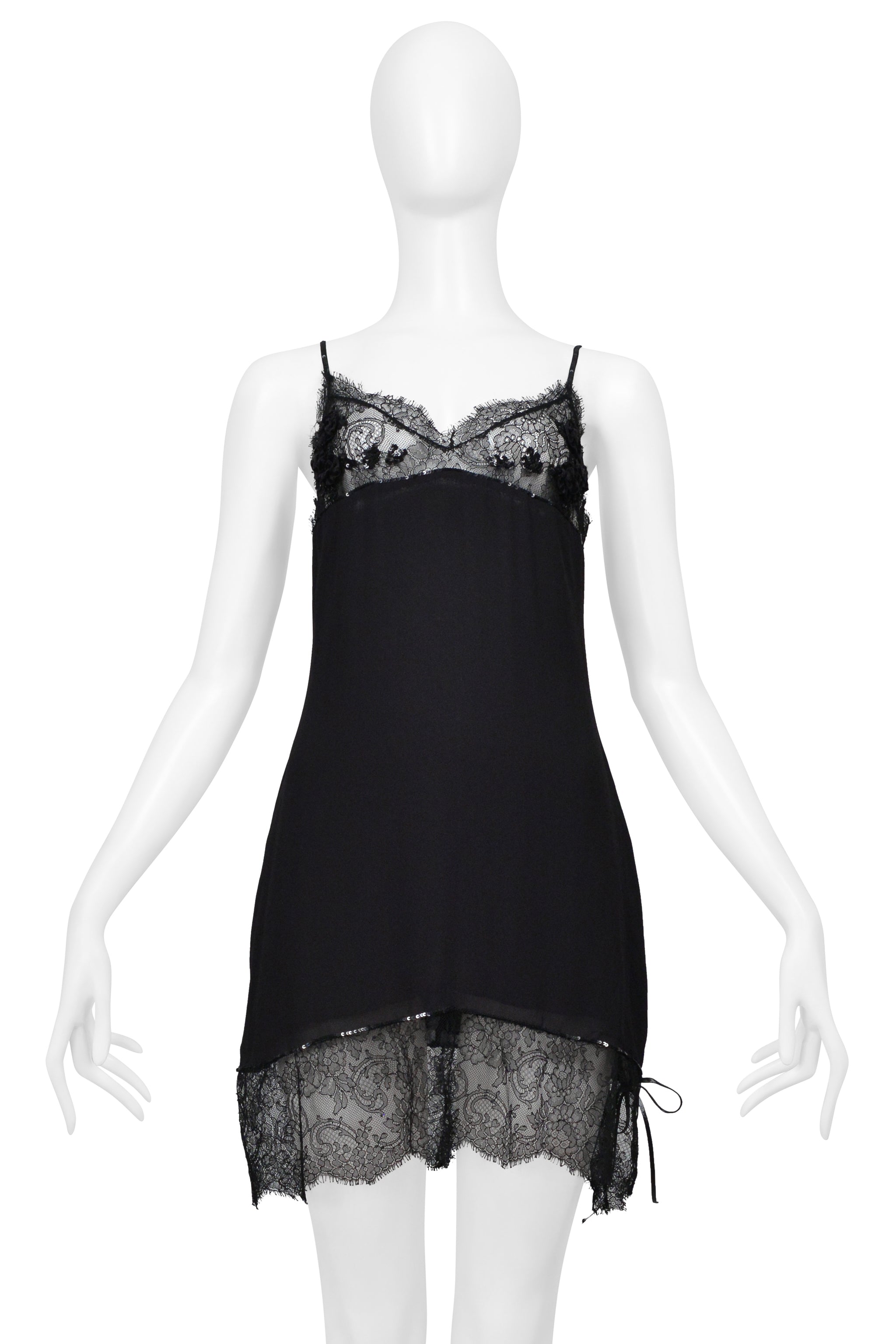 BLUMARINE BLACK LACE AND FLORAL EMBROIDERED & BEADED SLIP DRESS 1998