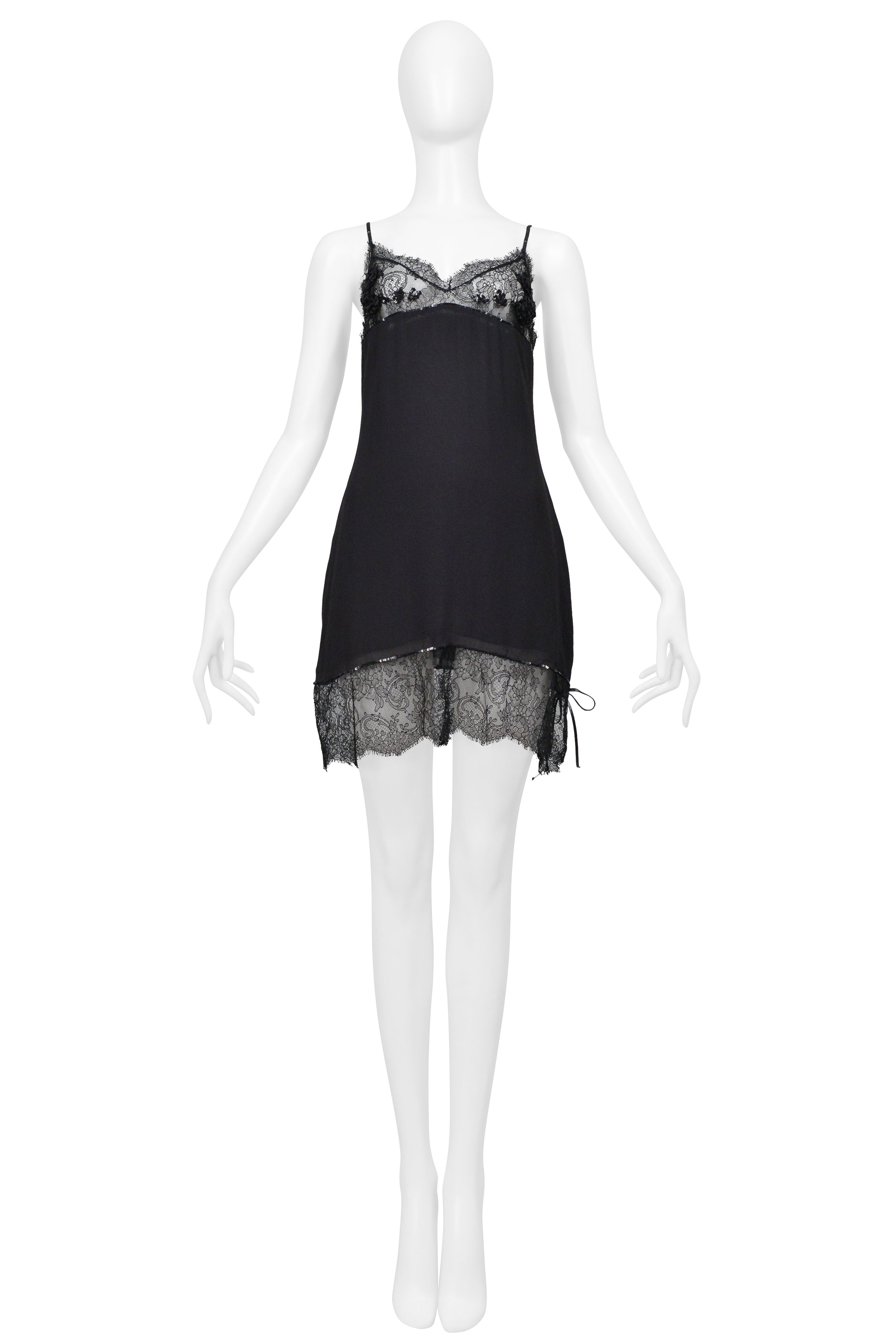 BLUMARINE BLACK LACE AND FLORAL EMBROIDERED & BEADED SLIP DRESS 1998