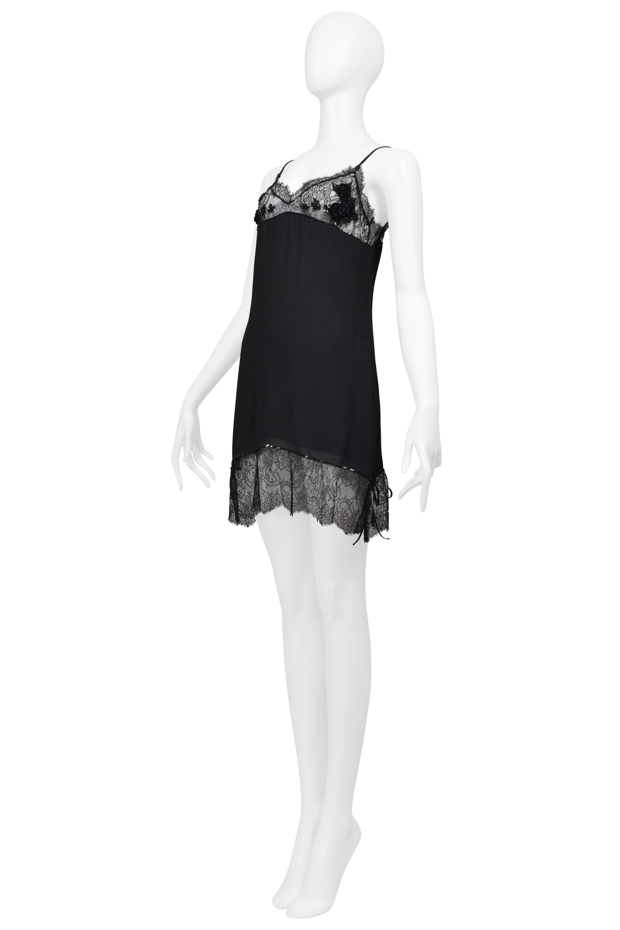 BLUMARINE BLACK LACE AND FLORAL EMBROIDERED & BEADED SLIP DRESS 1998